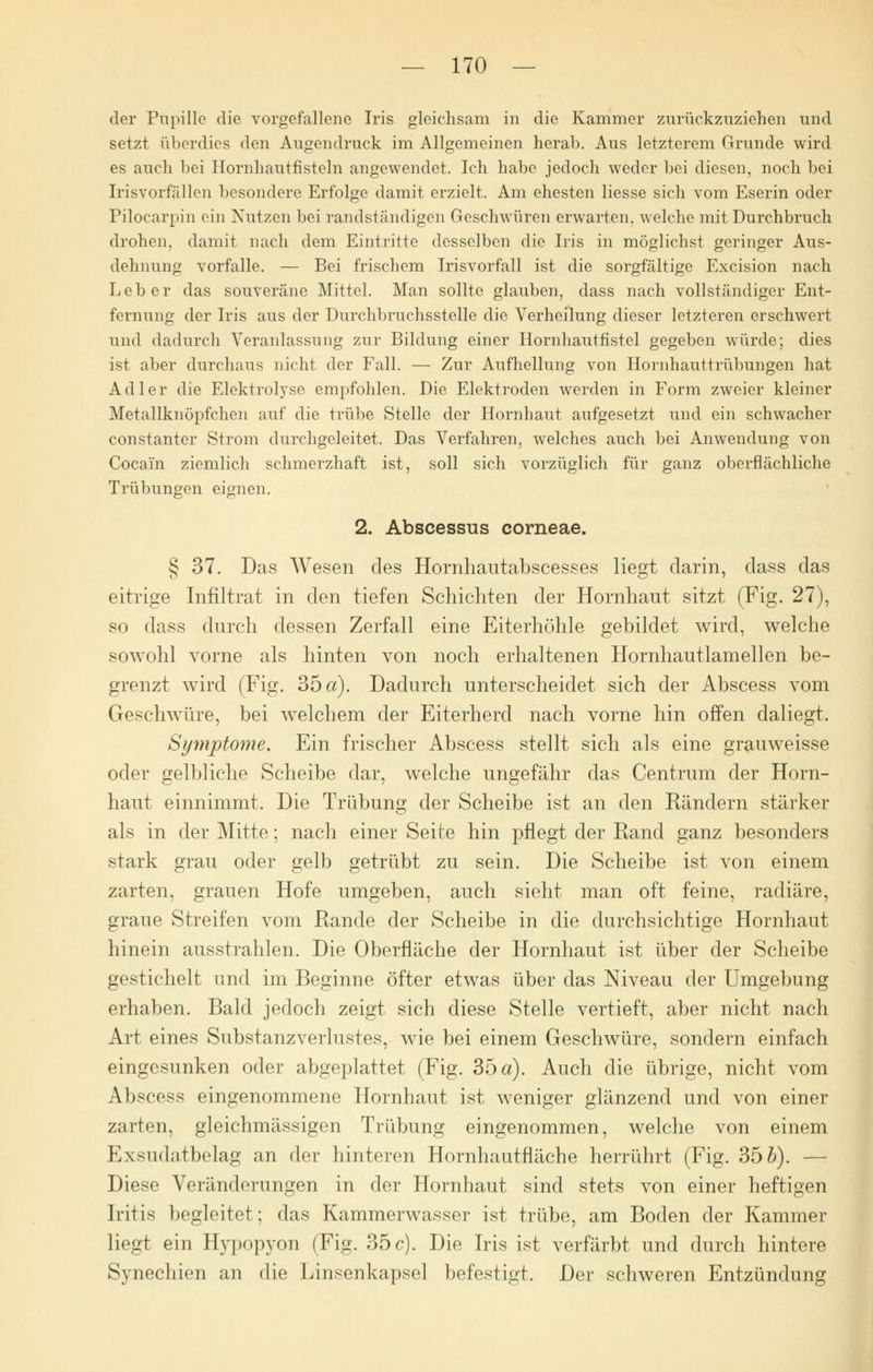 der Pupille die vorgefallene Iris gleichsam in die Kammer zurückzuziehen und setzt überdies den Augendruck im Allgemeinen herab. Aus letzterem Grunde wird es auch bei Hornhautfisteln angewendet, Ich habe jedoch weder bei diesen, noch bei Irisvorfällen besondere Erfolge damit erzielt. Am ehesten Hesse sich vom Eserin oder Pilocarpin ein Nutzen bei randständigen Geschwüren erwarten, welche mit Durchbruch drohen, damit nach dem Eintritte desselben die Iris in möglichst geringer Aus- dehnung vorfalle. — Bei frischem Irisvorfall ist die sorgfältige Excision nach Leber das souveräne Mittel. Man sollte glauben, dass nach vollständiger Ent- fernung der Iris aus der Durchbruchsstelle die Verheilung dieser letzteren erschwert und dadurch Veranlassung zur Bildung einer Hornhautfistel gegeben würde; dies ist aber durchaus nicht der Fall. — Zur Aufhellung von Hornhauttrübungen hat Adler die Elektrolyse empfohlen. Die Elektroden werden in Form zweier kleiner Metallknöpfchen auf die trübe Stelle der Hornhaut aufgesetzt und ein schwacher constanter Strom durchgeleitet. Das Verfahren, welches auch bei Anwendung von Cocain ziemlich schmerzhaft ist, soll sich vorzüglich für ganz oberflächliche Trübungen eignen. 2. Abscessus corneae. § 37. Das Wesen des Hornhautabscesses liegt darin, dass das eitrige Infiltrat in den tiefen Schichten der Hornhaut sitzt (Fig. 27), so dass durch dessen Zerfall eine Eiterhöhle gebildet wird, welche sowohl vorne als hinten von noch erhaltenen Hornhautlamellen be- grenzt wird (Fig. 35 a). Dadurch unterscheidet sich der Abscess vom Geschwüre, bei welchem der Eiterherd nach vorne hin offen daliegt. Symptome. Ein frischer Abscess stellt sich als eine grauweisse oder gelbliche Scheibe dar, welche ungefähr das Centrum der Horn- haut einnimmt. Die Trübung der Scheibe ist an den Rändern stärker als in der Mitte; nach einer Seite hin pflegt der Rand ganz besonders stark grau oder gelb getrübt zu sein. Die Scheibe ist von einem zarten, grauen Hofe umgeben, auch sieht man oft feine, radiäre, graue Streifen vom Rande der Scheibe in die durchsichtige Hornhaut hinein ausstrahlen. Die Oberfläche der Hornhaut ist über der Scheibe gestichelt und im Beginne öfter etwas über das Niveau der Umgebung erhaben. Bald jedoch zeigt sich diese Stelle vertieft, aber nicht nach Art eines Substanzverlustes, wie bei einem Geschwüre, sondern einfach eingesunken oder abgeplattet (Fig. 35 a). Auch die übrige, nicht vom Abscess eingenommene Hornhaut ist weniger glänzend und von einer zarten, gleichmässigen Trübung eingenommen, welche von einem Exsudatbelag an der hinteren Hornhautfläche herrührt (Fig. 355). — Diese Veränderungen in der Hornhaut sind stets von einer heftigen Iritis begleitet; das Kammerwasser ist trübe, am Boden der Kammer liegt ein Hypopyon (Fig. 35 c). Die Iris ist verfärbt und durch hintere Synechien an die Linsenkapsel befestigt. Der schweren Entzündung