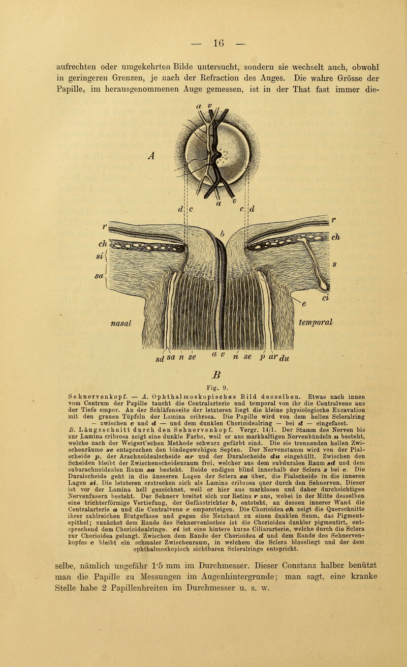 aufrechten oder umgekehrten Bilde untersucht, sondern sie wechselt auch, obwohl in geringeren Grenzen, je nach der Refraction des Auges. Die wahre Grösse der Papille, im herausgenommenen Auge gemessen, ist in der That fast immer die- sd sa n se n se p ardu B Fig. 9. Sehnervenkopf. — A. Ophthalmoskopisches Bild desselben. Etwas nach innen vom Centrum der Papille taucht die Centralarterie und temporal von ihr die Centralvene aus der Tiefe empor. An der Schläfenseite der letzteren liegt die kleine physiologische Excavation mit den granen Tüpfeln der Lamina cribrosa. Die Papille wird von dem hellen Scleralring — zwischen c und d — und dem dunklen Chorioidealring — bei d — eingefasst. B. Längsschnitt durch den Sehnervenkopf. Vergr. 14/1. Der Stamm des Nerven bis zur Jjaniina cribrosa zeigt eine dunkle Farbe, weil er aus markhaltigen Nervenbündeln n besteht, welche nach der Weigert'schen Methode schwarz gefärbt sind. Die sie trennenden hellen Zwi- schenräume se entsprechen den bindegewebigen Septen. Der Nervenstamm wird von der Pial- scheide p, der Arachnoidealscheide ar und der Duralscheide du eingehüllt. Zwischen den Scheiden bleibt der Zwischenscheidenraum frei, welcher aus dem subduralen Raum ad und dem subarachnoidealen Raum sa besteht. Beide endigen blind innerhalb der Sclera s bei e. Die Duralscheide geht in die äusseren Lagen der Sclera sa über, die Piaischeide in die inneren Lagen si. Die letzteren erstrecken sich als Lamina cribrosa quer durch den Sehnerven. Dieser ist vor der Lamina hell gezeichnet, weil er hier aus marklosen und daher durchsichtigen Nervenfasern besteht. Der Sehnerv breitet sich zur Retina r aus, wobei in der Mitte desselben eine trichterförmige Vertiefung, der Gefässtrichter b, entsteht, an dessen innerer Wand die Centralarterie a und die Centralvene v emporsteigen. Die Chorioidea eh zeigt die Querschnitte ihrer zahlreichen Blutgefässe und gegen die Netzhaut zu einen dunklen Saum, das Pigment- epithel; zunächst dem Rande des Sehnervenloches ist die Chorioidea dunkler pigmentirt, ent- sprechend dem Chorioidealringe. ci ist eine hintere kurze Ciliararterie, welche durch die Sclera zur Chorioidea gelangt. Zwischen dem Rande der Chorioidea d und dem Rande des Sehnerven- kopfos c bleibt ein schmaler Zwischenraum, in welchem die Sclera blossliegt und der dem ophthalmoskopisch sichtbaren Scleralringe entspricht. selbe, nämlich ungefähr 15 mm im Durchmesser. Dieser Constanz halber benützt man die Papille zu Messungen im Augenhintergrunde; man sagt, eine kranke Stelle habe 2 Papillenbreiten im Durchmesser u. s. w.