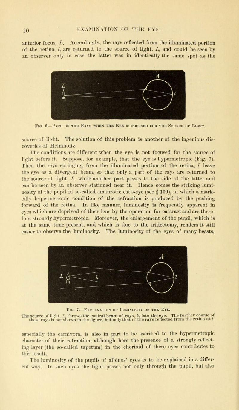anterior focus, L. Accordingly, the rays reflected from the illuminated portion of the retina, Z, are returned to the source of light, L, and could be seen by an observer only in case the latter was in identically the same spot as the Fig. 6.—Path of the Rays when the Eye is focused for the Source of Light. source of light. The solution of this problem is another of the ingenious dis- coveries of Helmholtz. The conditions are different when the eye is not focused for the source of light before it. Suppose, for example, that the eye is hypermetropic (Fig. 7). Then the rays springing from the illuminated portion of the retina, Z, leave the eye as a divergent beam, so that only a part of the rays are returned to the source of light, L, while another part passes to the side of the latter and can be seen by an observer stationed near it. Hence comes the striking lumi- nosity of the pupil in so-called amaurotic cat's-eye (see § 100), in which a mark- edly hypermetropic condition of the refraction is produced by the pushing forward of the retina. In like manner, luminosity is frequently apparent in eyes which are deprived of their lens by the operation for cataract and are there- fore strongly hypermetropic. Moreover, the enlargement of the pupil, which is at the same time present, and which is due to the iridectomy, renders it still easier to observe the luminosity. The luminosity of the eyes of many beasts, Fig. 7.—Explanation of Luminosity of the Eye. The source of light, L, throws the conical beam of rays, fc, into the eye. The further course of these rays is not shown in the figure, but only that of the rays reflected from the retina at /. especially the Carnivora, is also in part to be ascribed to the hypermetropic character of their refraction, although here the presence of a strongly reflect- ing layer (the so-called tapetum) in the chorioid of these eyes contributes to this result. The luminosity of the pupils of albinos' eyes is to be explained in a differ- ent way. In such eyes the light passes not only through the pupil, but also