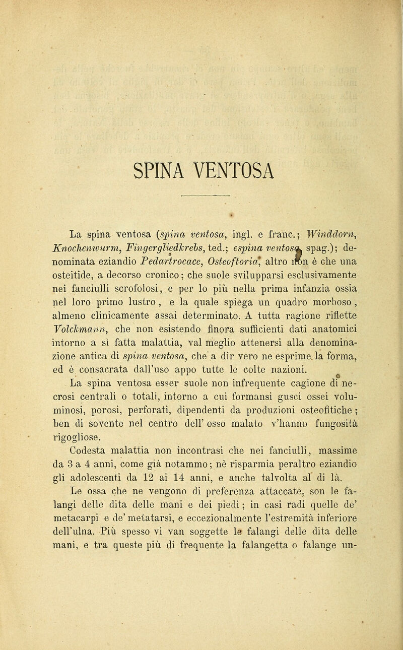 SPINA VENTOSA La spina ventosa {spina ventosa, ingl. e frane; Winddorn, Knochenwurm, FingergUedhrehs,tedi.', espina ventosi^ spag.); de- nominata eziandio Pedartrocace, Osteoftoria* altro rron è che una osteitide, a decorso cronico; che suole svilupparsi esclusivamente nei fanciulli scrofolosi, e per lo più nella prima infanzia ossia nel loro primo lustro , e la quale spiega un quadro morboso , almeno clinicamente assai determinato. A tutta ragione riflette Voìchmann, che non esistendo finora sufficienti dati anatomici intorno a sì fatta malattia, vai meglio attenersi alla denomina- zione antica di spina ventosa, che'a dir vero ne esprime, la forma, ed è consacrata dall'uso appo tutte le colte nazioni. . La spina ventosa esser suole non infrequente cagione di ne- crosi centrali o totali, intorno a cui formansi gusci ossei volu- minosi, porosi, perforati, dipendenti da produzioni osteofitiche ; ben di sovente nel centro dell' osso malato v'hanno fungosità rigogliose. Codesta malattia non incontrasi che nei fanciulli, massime da 3 a 4 anni, come già notammo ; né risparmia peraltro eziandio gli adolescenti da 12 ai 14 anni, e anche talvolta al di là. Le ossa che ne vengono di preferenza attaccate, son le fa- langi delle dita delle mani e dei piedi ; in casi radi quelle de' metacarpi e de' metatarsi, e eccezionalmente l'estremità inferiore dell'ulna. Più spesso vi van soggette le falangi delle dita delle mani, e tra queste più di frequente la falangetta o falange un-