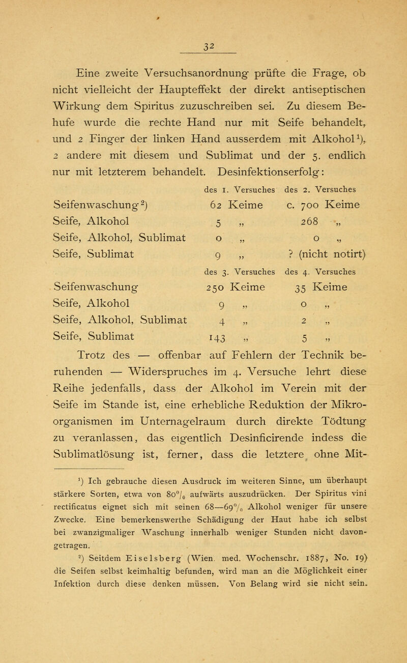 Eine zweite Versuchsanordnung prüfte die Frage, ob nicht vielleicht der Haupteffekt der direkt antiseptischen Wirkung dem Spiritus zuzuschreiben sei. Zu diesem Be- hufe wurde die rechte Hand nur mit Seife behandelt, und 2 Finger der linken Hand ausserdem mit Alkohol1),. 2 andere mit diesem und Sublimat und der 5. endlich nur mit letzterem behandelt. Desinfektionserfolg: des 1. Versuches des 2. Versuches 62 Keime c. 700 Keime 5 » o 9 » des 3. Versuches des 4. Versuches Seifenwaschung-2) Seife, Alkohol Seife, Alkohol, Sublimat Seife, Sublimat 268 „ o ? (nicht notirt) Seifenwaschung Seife, Alkohol Seife, Alkohol, Sublimat Seife, Sublimat 35 Keime o 250 Keime 9 » 4 » 2 .'„ 143 »■ 5 Trotz des — offenbar auf Fehlern der Technik be- ruhenden — Widerspruches im 4. Versuche lehrt diese Reihe jedenfalls, dass der Alkohol im Verein mit der Seife im Stande ist, eine erhebliche Reduktion der Mikro- organismen im Unternagelraum durch direkte Tödtung zu veranlassen, das eigentlich Desinficirende indess die Sublimatlösung ist, ferner, dass die letztere ohne Mit- *) Ich gebrauche diesen Ausdruck im weiteren Sinne, um überhaupt stärkere Sorten, etwa von 8o°/0 aufwärts auszudrücken. Der Spiritus vini rectificatus eignet sich mit seinen 68—69% Alkohol weniger für unsere Zwecke. Eine bemerkenswerthe Schädigung der Haut habe ich selbst bei zwanzigmaliger Waschung innerhalb weniger Stunden nicht davon- getragen. 2) Seitdem Eiseisberg (Wien, med. Wochenschr. 1887, No. 19) die Seifen selbst keimhaltig befunden, wird man an die Möglichkeit einer Infektion durch diese denken müssen. Von Belang wird sie nicht sein.