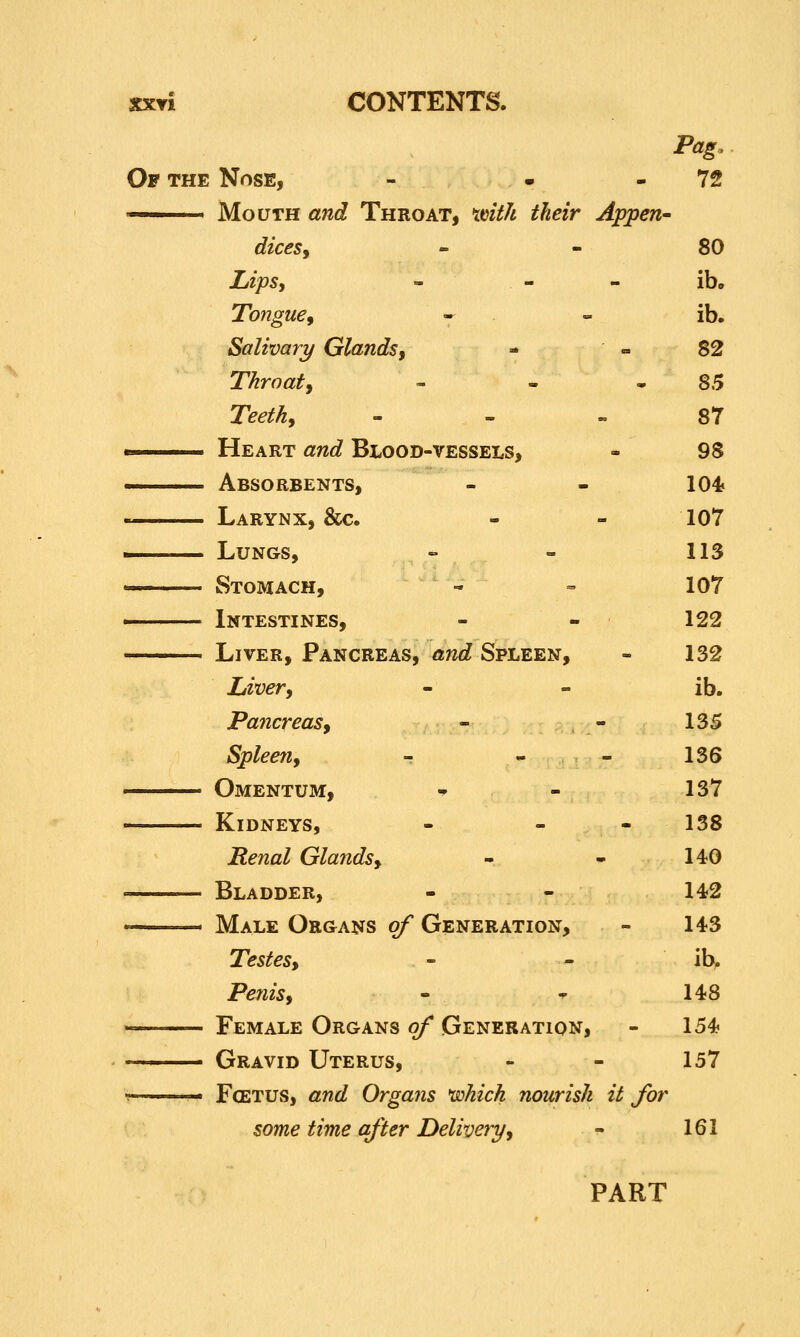 Pag. Of the Nose, - • - 72 ' Mouth and Throat, xmtk their Appen- dices^ - - 80 Lips, - - - ib. Tongue^ - - ib. Salivary Glands, - - 82 Throat, - - -8.5 Teethy - - . 87 i Heart and Blood-vessels, - 98 I Absorbents, - - 104> Larynx, &c. - - 107 . Lungs, - - 113 '.' Stomach, - - 107 ■ Intestines, - - 122 —— Liver, Pancreas, and Spleen, » 132 Liver, - - ib. Pancreas, - - 135 Spleen, - - - 136 ™— Omentum, ^ - 137 Kidneys, - - - 138 Renal Glands, - - 140 =—=— Bladder, - - 14-2 ' Male Organs o/* Generation, - 143 Testes, - - ib. Penis, - -p 148 -=— Female Organs of Generation, - 154  Gravid Uterus, - - 157 V Fgetus, and Organs *which nourish it for some time after Delivery, - 161