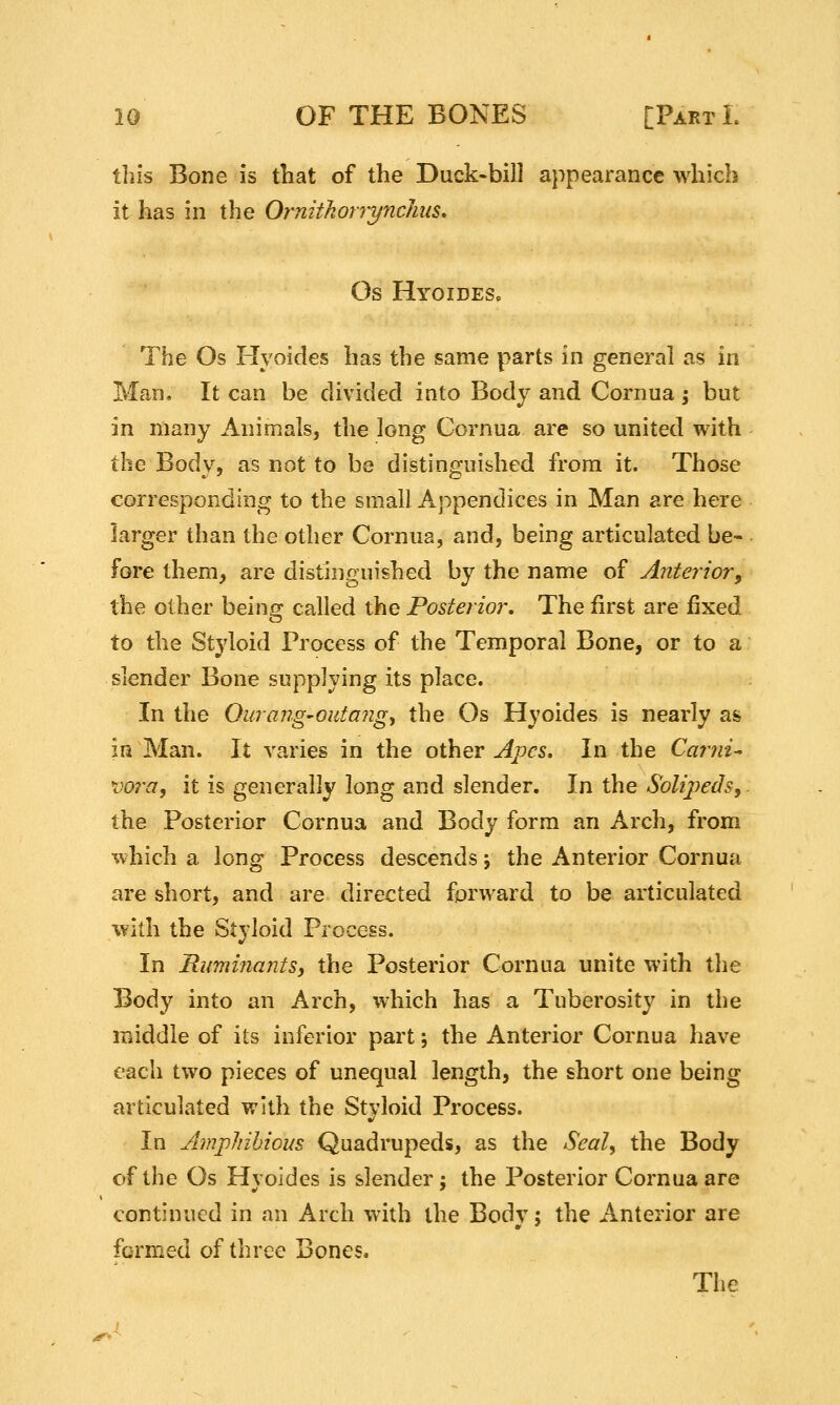 this Bone is that of the Duck-bill appearance which it has in the Orniikorrynclius, Os Hyoides. The Os Hyoides has the same parts in general as in Man. It can be divided into Body and Cornua; but in many Animals, the long Cornua are so united with the Body, as not to be distinguished from it. Those corresponding to the small Appendices in Man are here larger than the other Cornua, and, being articulated be- fore them, are distinguished by the name of Anterior^ the other being called the Posterior, The first are fixed to the Styloid Process of the Temporal Bone, or to a slender Bone supplying its place. In the Ourang'Outang^ the Os Hyoides is nearly as in Man. It varies in the other Ajks. In the Carni^ vora, it is generally long and slender. In the Soli]}ecls, the Posterior Cornua and Body form an Arch, from which a long Process descends; the Anterior Cornua are short, and are directed forward to be articulated with the Styloid Process. In Ilumi?ia?2tSy the Posterior Cornua unite with the Body into an Arch, which has a Tuberosity in the middle of its inferior part; the Anterior Cornua have each two pieces of unequal length, the short one being articulated with the Styloid Process. In Amphibious Quadrupeds, as the Seal^ the Body of the Os Hyoides is slender; the Posterior Cornua are continued in an Arch with the Body; the Anterior are formed of three Bones.