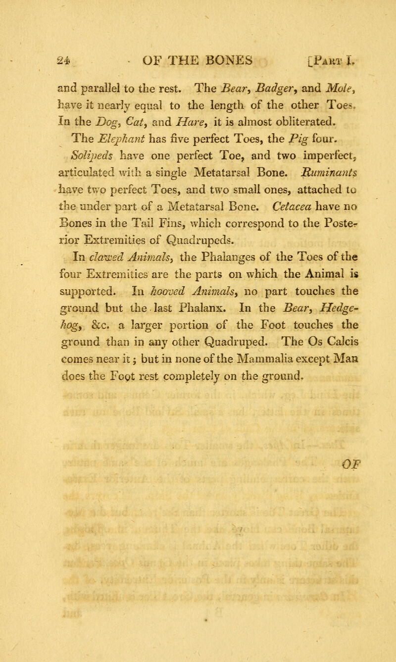 and parallel to the rest. The Bear, Badger^ and Mole^ have it nearly equal to the length of the other Toes. In the Dogi Cat^ and Hare, it is almost obliterated. The Elephant has five perfect Toes, the Pig four. Solijjeds have one perfect Toe, and two imperfect, articulated with a single Metatarsal Bone. Buminaiits have tvvo perfect Toes, and two small ones, attached to the under part of a Metatarsal Bone. Cetacea have no Bones in the Tail Fins, which correspond to the Poster rior Extremities of Quadrupeds. In clwwed Animalsi the Phalanges of the Toes of the four Extremities are the parts on which the Animal is supported. In hooved Animals^ no part touches the ground but the last Phalanx. In the Bear, Hedge- hogy &c. a larger portion of the Foot touches the ground than in any other Quadruped. The Os Calcis comes near it 5 but in none of the Mammalia except Man does the Fogt rest completely on the ground. OF