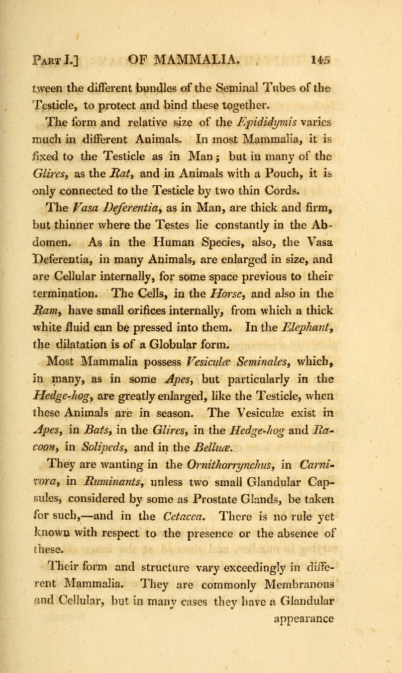 tween the different bundles of the Seminal Tubes of the Testicle, to protect and bind these together. The form and relative size of the Epididymis varies much in different Animals, In most Mammalia, it is fixed to the Testicle as in Man y but in many of the Glires, as the Mat, and in Animals with a Pouch, it is only connected to the Testicle by two thin Cords. The Vasa Deferential as in Man, are thick and firm, but thinner where the Testes He constantly in the Ab- domen. As in the Human Species, also, the Vasa Deferentia, in many Animals, are enlarged in size, and are Cellular internally, for some space previous to their termination. The Cells, in the Horse^ and also in the Mam^ have small orifices internally, from which a thick white fluid can be pressed into them. In the Elephanty the dilatation is of a Globular form. Most Mammalia possess Vesicidce Seminales, which, in many, as in some Apes, but particularly in the Hedge-hog, are greatly enlarged, like the Testicle, when these Animals are in season. The Vesiculse exist in Apes, in Bats, in the Glires, in the Hedge-hog and Ma- coon, in Solipeds, and in the BelkuB,. They are wanting in the Ornithorrynchus, in Carni' vora, in Ruminants, unless two small Glandular Cap- sules, considered by some as Prostate Glands, be taken for such,—and in the Cetacea, There is no rule yet known with respect to the presence or the absence of these. Their form and structure vary exceedingly in diffe- rent Mammalia. They are commonly Membranous and Cellular, but in many cases they have a Glandular appearance