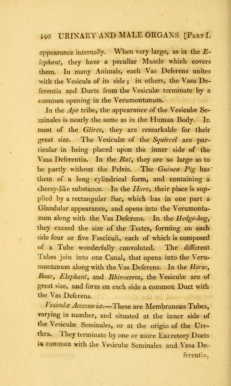 appearance internally. When very large, as in the B- lephant^ they have a peculiar Muscle which covers them. In many Animals, each Vas Deferens unites ^vith the Vesicula of its side ; in others, the Vasa De- ferentia and Duets from the Vesiculae terminate by a common opening in the Verumontanum. In the Ape tribe, the appearance of the Vesiculae Se- minales is nearly the same as in the Human Body. In most of the Glires, they are remarkable for their great size. The Vesiculas of the Squirrel are par- ticular in being placed upon the inner side of the Vasa Deferentia. In the Rat, they are so large as to be partly without the Pelvis. The Guinea Pig has^ them of a long cylindrical form, and containing a cheesy-like substance. In the Hare, their place is sup- plied by a rectangular Sac, which has in one part a Glandular appearance, and opens into the Verumonta- num along with the Vas Deferens. In the Hedge-hog, they exceed the size of the Testes, forming on each side four or five Fasciculi, each of which is composed o£ a Tube wonderfully convoluted. The different Tubes join into one Canal, that opens into the Veru- montanum along with the Vas Deferens. In the Horse, Boar, Elephaiit, and Rhi??oceros, the Vesiculae are of great size, and form on each side a common Duct with the Vas Deferens. Ve&iculce Accessories,—These are Membranous Tubes, var^-ing in number, and situated at the inner side of the Vesiculae Seminales, or at the origin of the Ure- thra. They terminate by one or more Excretory Ducts i» common with the Vesiculte Seminales and A'asa De^ ferentia.