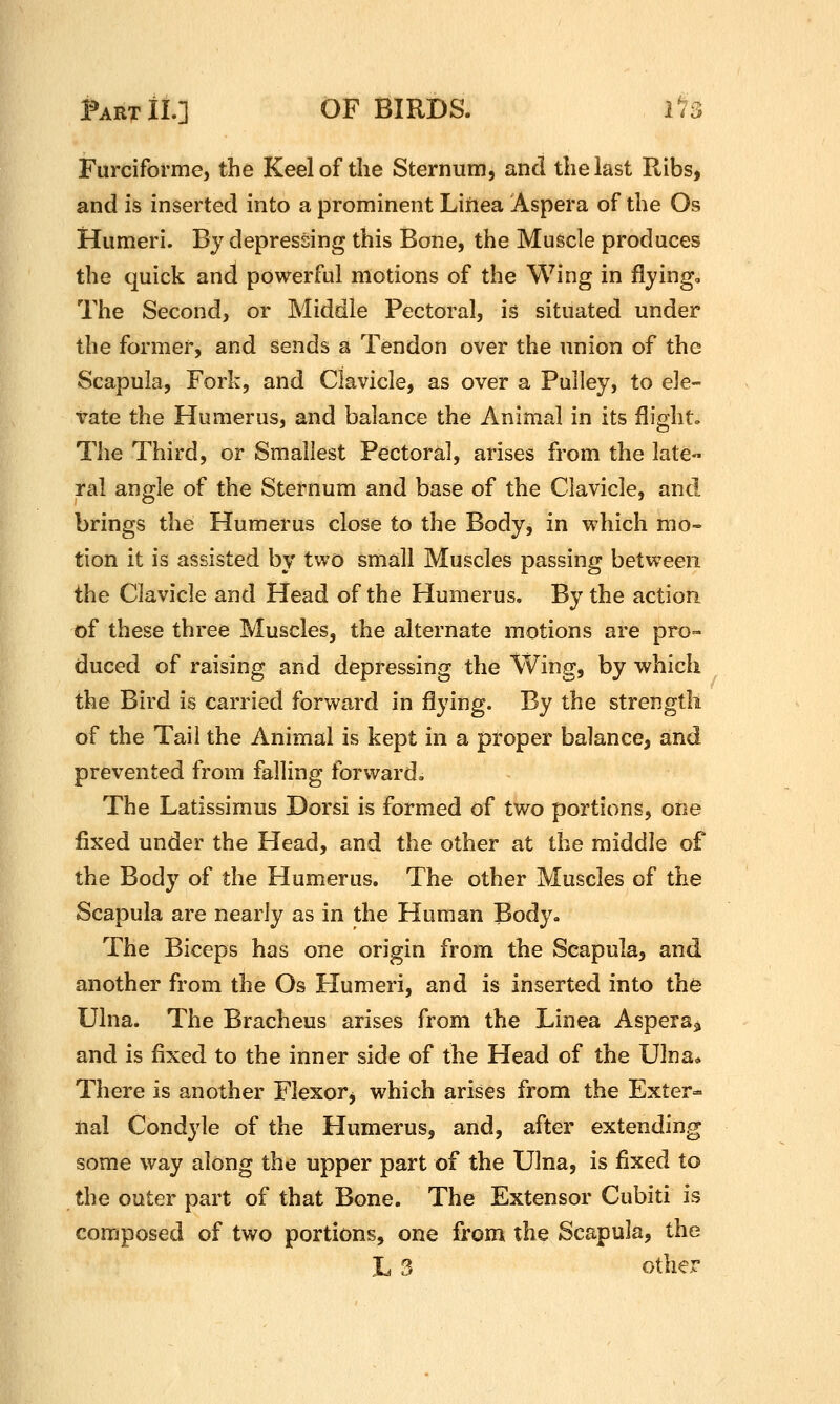 Furciforme, the Keel of the Sternum, and the last Ribs, and is inserted into a prominent Liiiea Aspera of the Os Humeri. By depressing this Bone, the Muscle produces the quick and powerful motions of the Wing in flyings The Second, or Middle Pectoral, is situated under the former, and sends a Tendon over the union of the Scapula, Fork, and Clavicle, as over a Pulley, to ele- vate the Humerus, and balance the Animal in its flights The Third, or Smallest Pectoral, arises from the late- ral angle of the Sternum and base of the Clavicle, and brings the Humerus close to the Body, in which mo- tion it is assisted by two small Muscles passing between the Clavicle and Head of the Humerus, By the action of these three Muscles, the alternate motions are pro- duced of raising and depressing the Wing, by which the Bird is carried forward in flying. By the strength of the Tail the Animal is kept in a proper balance, and prevented from falling forward. The Latissimus Dorsi is formed of two portions, one fixed under the Head, and the other at the middle of the Body of the Humerus. The other Muscles of the Scapula are nearly as in the Human Body. The Biceps has one origin from the Scapula, and another from the Os Humeri, and is inserted into the Ulna. The Bracheus arises from the Linea Aspera^ and is fixed to the inner side of the Head of the Ulnao There is another Flexor^ which arises from the Exter- nal Condyle of the Humerus, and, after extending some way along the upper part of the Ulna, is fixed to the outer part of that Bone. The Extensor Cubiti is composed of two portions, one from the Scapula, the L 3 other