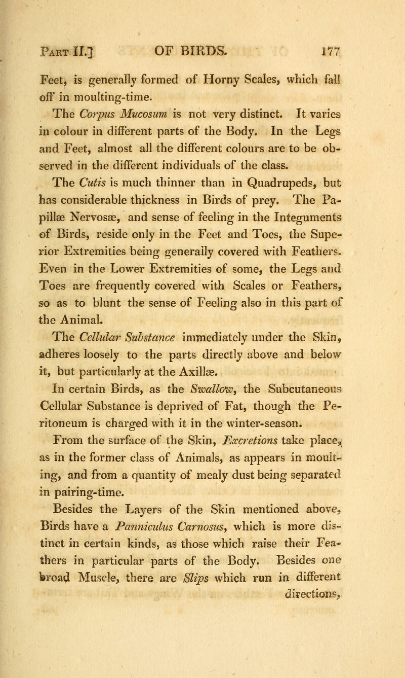 Feet, is generally formed of Horny Scales, which fall off in moulting-time. The Corpus Mucosum is not very distinct. It varies in colour in diiFerent parts of the Body. In the Legs and Feet, almost all the different colours are to be ob- serv^ed in the different individuals of the class. The Cutis is much thinner than in Quadrupeds, but has considerable thickness in Birds of prey. The Pa- pillae Nervosae, and sense of feeling in the Integuments of Birds, reside only in the Feet and Toes, the Supe- rior Extremities being generally covered with Feathers. Even in the Lower Extremities of some, the Legs and Toes are frequently covered with Scales or Feathers, so as to blunt the sense of Feeling also in this part of the Animal. The Cellular Substance immediately under the Skin,, adheres loosely to the parts directly above and below it, but particularly at the Axillsg. In certain Birds, as the Swallo'w, the Subcutaneous Cellular Substance is deprived of Fat, though the Pe- ritoneum is charged with it in the winter-season. From the surface of the Skin, Excretions take place, as in the former class of Animals, as appears in moult- ing, and from a quantity of mealy dust being separated in pairing-time. Besides the Layers of the Skin mentioned above^ Birds have a Panniculus Carfiosus, which is more dis- tinct in certain kinds, as those which raise their Fea- thers in particular parts of the Body. Besides one broad Muscle, there are Slips w^hich run in different directions.