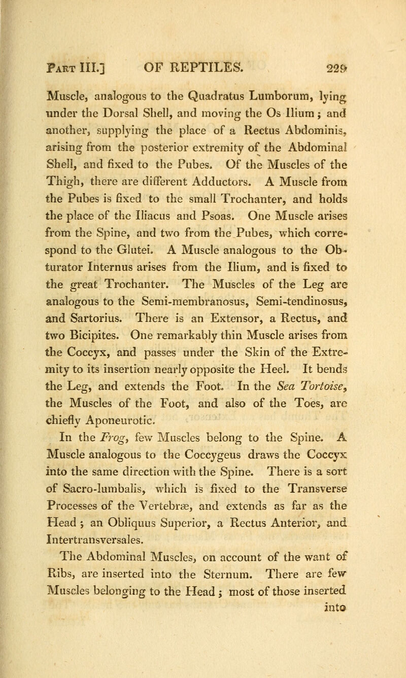 Muscle, analogous to the Quadratus Lumborum, lying under the Dorsal Shell, and moving the Os Ilium j and another, supplying the place of a Rectus Abdominis, arising from the posterior extremity of the Abdominal Shell, and fixed to the Pubes. Of the Muscles of the Thigh, there are different Adductors. A Muscle from the Pubes is fixed to the small Trochanter, and holds the place of the Iliacus and Psoas. One Muscle arises from the Spine, and two from the Pubes, which corre- spond to the Glutei. A Muscle analogous to the Ob- turator Internus arises from the Ilium, and is fixed to the great Trochanter. The Muscles of the Leg are analogous to the Semi-membranosus, Semi-tendinosus, and Sartorius. There is an Extensor, a Rectus, and two Bicipites. One remarkably thin Muscle arises from the Coccyx, and passes under the Skin of the Extre- mity to its insertion nearly opposite the Heel. It bends the Leg, and extends the Foot. In the Sea Tortoise^ the Muscles of the Foot, and also of the Toes, are chiefly Aponeurotic. In the Frog) few Muscles belong to the Spine. A Muscle analogous to the Coccygeus draws the Coccyx into the same direction with the Spine. There is a sort of Sacro-lumbalis, which is fixed to the Transverse Processes of the Vertebrae, and extends as far as the Head •, an Obliquus Superior, a Rectus Anterior^ and Intertransversales. The Abdominal Muscles, on account of the want of Ribs, are inserted into the Sternum. There are few- Muscles belonging to the Head ; most of those inserted into