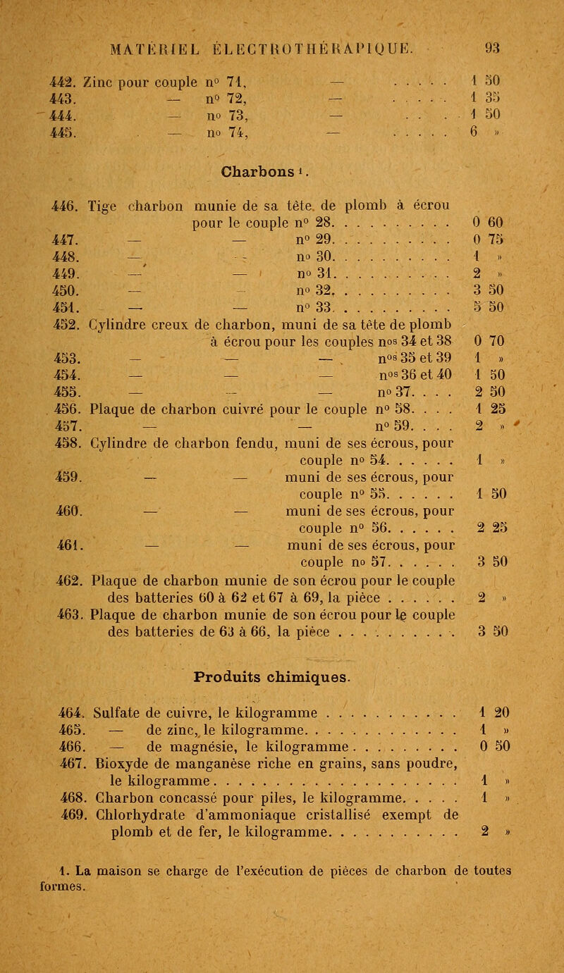 442. Zinc pour couple 0° 71, — i 30 443. — n 72, — ..... 1 35 444. — no 73, — ... 1 50 445. — no 74, — 6 » Charbons 1. 446. Tige charbon munie de sa tête, de plomb à écrou pour le couple n» 28 0 60 447. — — no 29 0 75 448. — - no 30 i .. 449. —' — no 31 2 » 450. —  no 32 3 50 451. — — n° 33 5 50 452. Cylindre creux de charbon, muni de sa tète de plomb à écrou pour les couples nos 34 et 38 0 70 453. - — — . n08 35 et 39 1 » 454. _ _ _ nos 36 et 40 1 50 435. — - — no 37. . . . 2 50 456. Plaque de charbon cuivré pour le couple n 58. . . . 1 25 457. — — no59. . . . 2 « ' 458. Cylindre de charbon fendu, muni de ses écrous, pour couple no 54 1 » 459. — — muni de ses écrous, pour couple n 5o 1 50 460. — — muni de ses écrous, pour couple no 36 2 23 461. — — muni de ses écrous, pour couple no 57 3 50 462. Plaque de charbon munie de son écrou pour le couple des batteries 60 à 62 et 67 à 69, la pièce 2 » 463. Plaque de charbon munie de son écrou pour le couple des batteries de 63 à 66, la pièce 3 30 Produits chimiques. 464. Sulfate de cuivre, le kilogramme 1 20 465. — de zinc, le kilogramme 1 » 466. — de magnésie, le kilogramme 0 50 467. Bioxyde de manganèse riche en grains, sans poudre, le kilogramme 1 » 468. Charbon concassé pour piles, le kilogramme 1 » 469. Chlorhydrate d'ammoniaque cristallisé exempt de plomb et de fer, le kilogramme 2 » 1. La maison se charge de l'exécution de pièces de charbon de toutes formes.