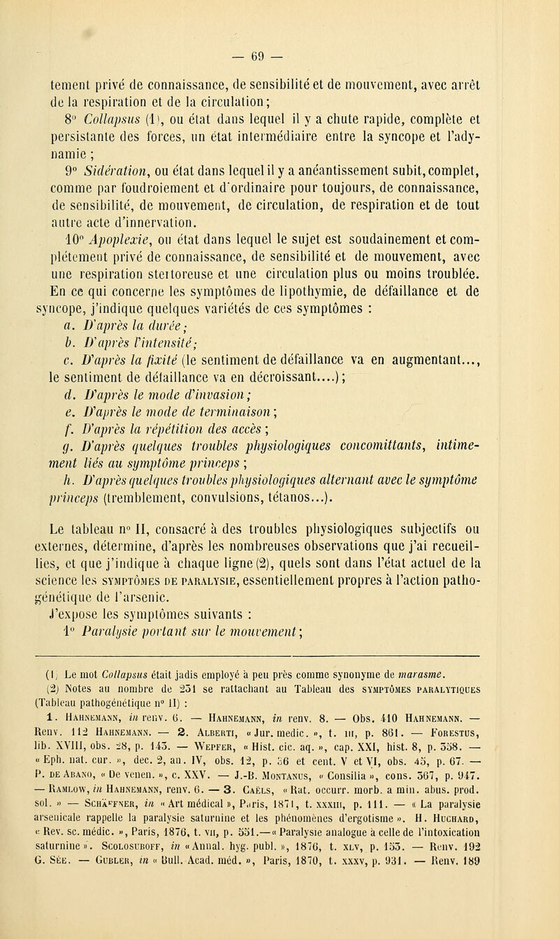 teraent privé de connaissance, de sensibilité et de mouvement, avec arrêt de la respiration et de la circulation; 8° Collapsus (Ij, ou état dans lequel il y a chute rapide, complète et persistante des forces, un état intermédiaire entre la syncope et l'ady- namie ; 9° Sklération, ou état dans lequel il y a anéantissement subit, complet, comme par foudroiement et d'ordinaire pour toujours, de connaissance, de sensibilité, de mouvement, de circulation, de respiration et de tout autre acte d'innervation. 10 Apoplexie, ou état dans lequel le sujet est soudainement et com- plètement privé de connaissance, de sensibilité et de mouvement, avec une respiration steitoreuse et une circulation plus ou moins troublée. En ce qui concerne les symptômes de lipothymie, de défaillance et de syncope, j'indique quelques variétés de ces symptômes : a. D'après la durée; h. D'après Vintensité; c. D'après la fixité (le sentiment de défaillance va en augmentant..., le sentiment de défaillance va en décroissant....) ; d. D'après le mode d'invasion; e. D'après le mode de terminaison ; f. D'après la répétition des accès ; g. D'après quelques troubles physiologiques concomittants, intime- ment liés au syinptôme princeps ; h. D'après quelques troubles physiologiques alternant avec le symptôme princeps (tremblement, convulsions, tétanos...). Le tableau n» II, consacré à des troubles physiologiques subjectifs ou externes, détermine, d'après les nombreuses observations que j'ai recueil- lies, et que j'indique à chaque ligne (2), quels sont dans l'état actuel de la science les symptômes de paralysie, essentiellement propres à l'action patho- génétique de l'arsenic. J'expose les symptômes suivants : 1° Paralysie portant sur le mouvement', (1; Le mot Collapsus était jadis employé à peu près comme synonyme de marasme. {2) Notes au nombre de 251 se rattacliant au Tableau des symptômes paralytiques (Tableau pathogénétiqiie n II) : 1. Hahnkmann, î« renv. 6. — Hahnemann, in renv. 8. — Obs. 410 Hahnemann. — Renv. 112 Hahnemann. — 2. Alberti, « Jur. medic. », t. m, p. 861. — Forestus, lib. XVlll, obs. lis, p. U5. — WEprER, « Hist. cic. aq. », cap. XXI, hist. 8, p. 358. — «Eph. nat. ciir. », dec. 2, an. IV, obs. 12, p. 36 et cent. V et VI, obs. 4o, p. 67. — P. DE Abano, « De venen. », c. XXV. — J.-B. Montanus, « Consilia », cons. 567, p. 947. — Ramlow, iii Hahnemann, renv. 6.-3. Gaëls, « Rat. occurr. morb. a min. abus. prod. sol. » — ScHAi^ENER, ta « Art médical », P.iris, 1871, t. xxxni, p. 111. — « La paralysie arsenicale rappelle la paralysie saturnine et les phénomènes d'ergotisrae ». H. Huchard, <; Rev. se. médic. », Paris, 1876, t. vu, p. 531.—« Paralysie analogue k celle de l'intoxication saturnine». ScoLOsuBorr, in «Annal, hyg. publ. », 1876, t. xlv, p. 155. — Renv. 192 G. SÉE. — GuBLEU, in « Bull. Acad. mcd. », Paris, 1870, t. xxxv, p. 931. — Renv. 189