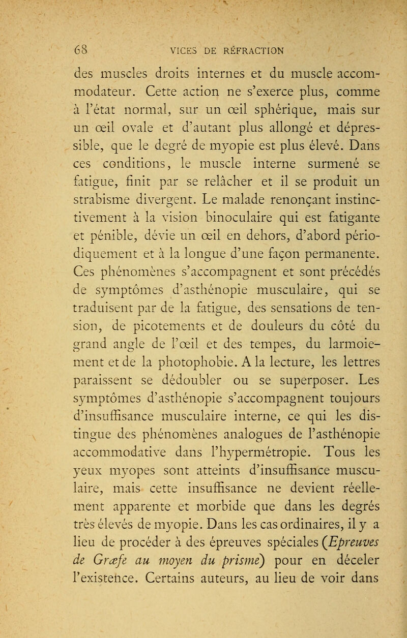 des muscles droits internes et du muscle accom- modateur. Cette action ne s'exerce plus, comme à l'état normal, sur un œil sphérique, mais sur un œil ovale et d'autant plus allongé et dépres- sible, que le degré de myopie est plus élevé. Dans ces conditions, le muscle interne surmené se fatigue, finit par se relâcher et il se produit un strabisme divergent. Le malade renonçant instinc- tivement à la vision binoculaire qui est fatigante et pénible, dévie un œil en dehors, d'abord pério- diquement et à la longue d'une façon permanente. Ces phénomènes s'accompagnent et sont précédés de symptômes d'asthénopie musculaire, qui se traduisent par de la fatigue, des sensations de ten- sion, de picotements et de douleurs du côté du grand angle de l'œil et des tempes, du larmoie- ment et de la photophobie. A la lecture, les lettres paraissent se dédoubler ou se superposer. Les symptômes d'asthénopie s'accompagnent toujours d'insuffisance musculaire interne, ce qui les dis- tingue des phénomènes analogues de l'asthénopie accommodative dans l'hypermétropie. Tous les yeux myopes sont atteints d'insuffisance muscu- laire, mais cette insuffisance ne devient réelle- ment apparente et morbide que dans les degrés très élevés de myopie. Dans les cas ordinaires, il y a lieu de procéder à des épreuves spéciales (Epreuves de Grœfe au moyen du prisme) pour en déceler l'existence. Certains auteurs, au lieu de voir dans