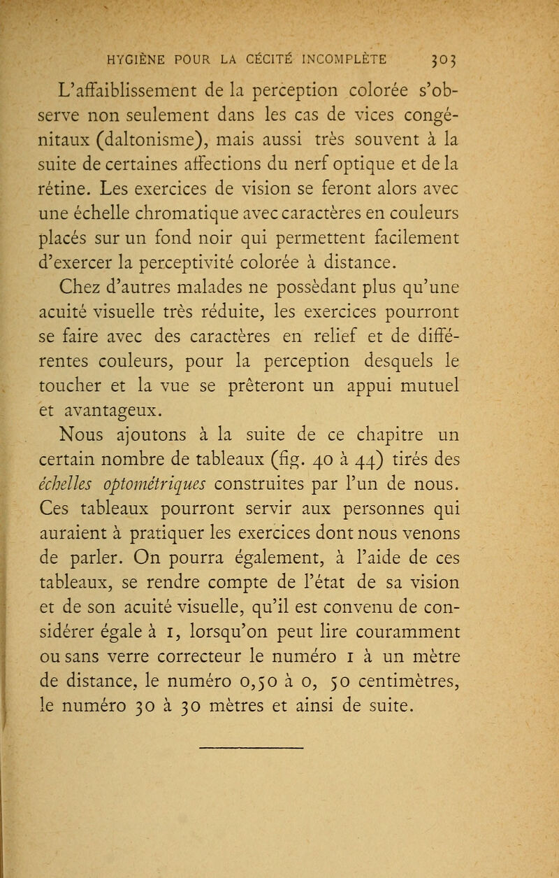 L'affaiblissement de la perception colorée s'ob- serve non seulement dans les cas de vices congé- nitaux (daltonisme), mais aussi très souvent à la suite de certaines affections du nerf optique et de la rétine. Les exercices de vision se feront alors avec une échelle chromatique avec caractères en couleurs placés sur un fond noir qui permettent facilement d'exercer la perceptivité colorée à distance. Chez d'autres malades ne possédant plus qu'une acuité visuelle très réduite, les exercices pourront se faire avec des caractères en relief et de diffé- rentes couleurs, pour la perception desquels le toucher et la vue se prêteront un appui mutuel et avantageux. Nous ajoutons à la suite de ce chapitre un certain nombre de tableaux (fig. 40 à 44) tirés des échelles optométriques construites par l'un de nous. Ces tableaux pourront servir aux personnes qui auraient à pratiquer les exercices dont nous venons de parler. On pourra également, à l'aide de ces tableaux, se rendre compte de l'état de sa vision et de son acuité visuelle, qu'il est convenu de con- sidérer égale à 1, lorsqu'on peut lire couramment ou sans verre correcteur le numéro 1 à un mètre de distance, le numéro 0,50 à o, 50 centimètres, le numéro 30 à 30 mètres et ainsi de suite.