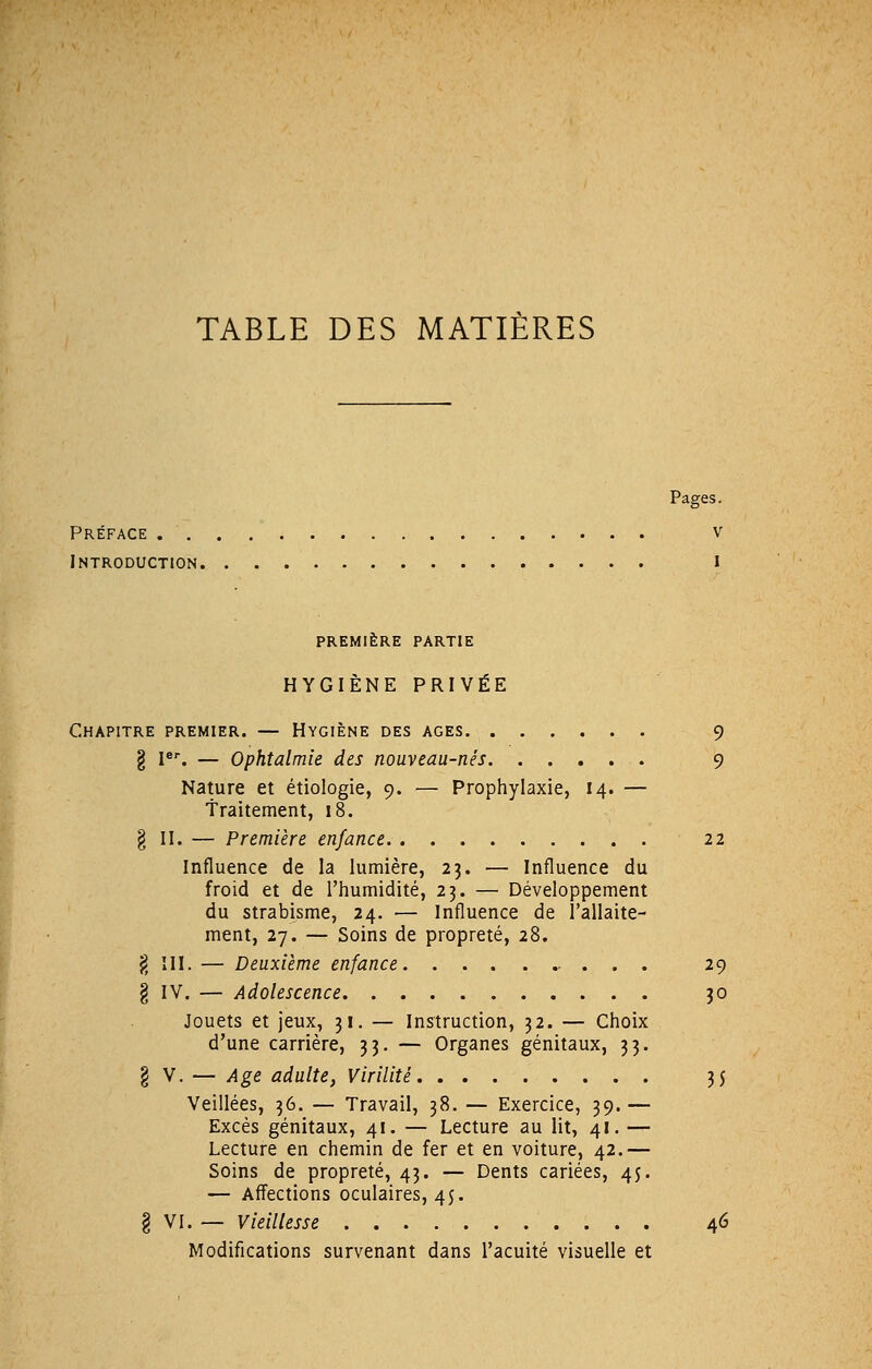 Pages. Préface v Introduction i PREMIÈRE PARTIE HYGIÈNE PRIVÉE Chapitre premier. — Hygiène des âges 9 g Ier. — Ophtalmie des nouveau-nés 9 Nature et étiologie, 9. — Prophylaxie, 14. — Traitement, 18. § II. — Première enfance 22 Influence de la lumière, 23. — Influence du froid et de l'humidité, 23. — Développement du strabisme, 24. — Influence de l'allaite- ment, 27. — Soins de propreté, 28. g III. — Deuxième enfance . . 29 § IV. — Adolescence 30 Jouets et jeux, 31. — Instruction, 32. — Choix d'une carrière, 33. — Organes génitaux, 33. I V. — Age adulte, Virilité 3$ Veillées, 36. — Travail, 38. — Exercice, 39.— Excès génitaux, 41. — Lecture au lit, 41. — Lecture en chemin de fer et en voiture, 42.— Soins de propreté, 43. — Dents cariées, 45. — Affections oculaires, 45. § VI. — Vieillesse 46 Modifications survenant dans l'acuité visuelle et