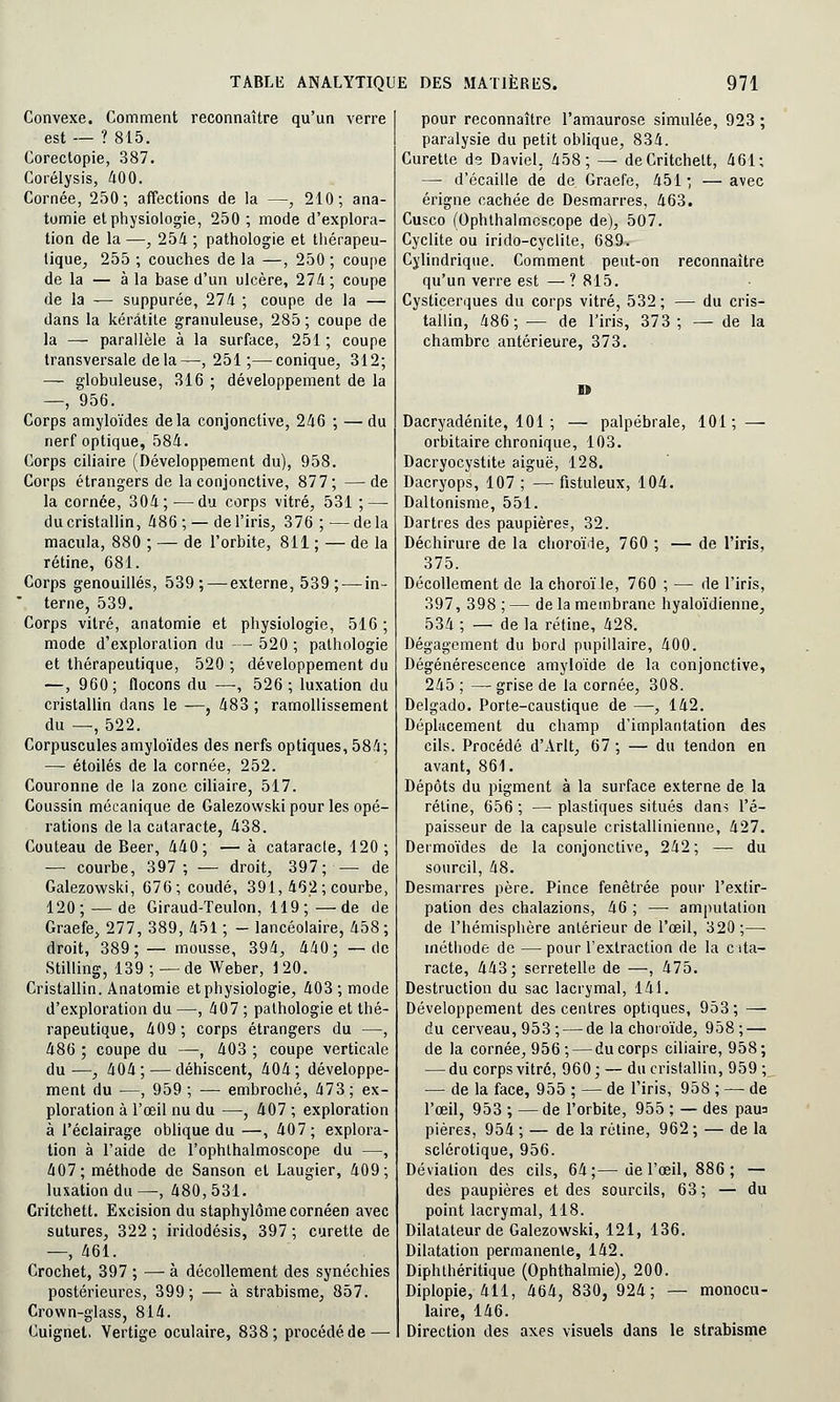 Convexe. Comment reconnaître qu'un verre est — ? 815. Corectopie, 387. Corélysis, 400. Cornée, 250; affections de la —, 210; ana- tomie et physiologie, 250 ; mode d'explora- tion de la —, 254 ; pathologie et thérapeu- tique, 255 ; couches de la —, 250 ; coupe de la — à la base d'un ulcère, 274 ; coupe de la — suppurée, 274 ; coupe de la — dans la kératite granuleuse, 285; coupe de la — parallèle à la surface, 251 ; coupe transversale de la—, 251;—conique, 312; — globuleuse, 316 ; développement de la —, 956. Corps amyloïdes delà conjonctive, 246 ; — du nerf optique, 584. Corps ciliaire (Développement du), 958. Corps étrangers de la conjonctive, 877; —de la cornée, 304; —du corps vitré, 531 ; — du cristallin, 486; — de l'iris, 376 ; —delà macula, 880 ; — de l'orbite, 811 ; — de la rétine, 681. Corps genouillés, 539; — externe, 539; — in- terne, 539. Corps vitré, anatomie et physiologie, 516 ; mode d'exploration du — 520 ; pathologie et thérapeutique, 520 ; développement du —, 960; flocons du —, 526; luxation du cristallin dans le —, 483 ; ramollissement du —, 522. Corpuscules amyloïdes des nerfs optiques, 584; — étoiles de la cornée, 252. Couronne de la zone ciliaire, 517. Coussin mécanique de Galezowski pour les opé- rations de la cataracte, 438. Couteau de Béer, 440; — à cataracte, 120; — courbe, 397; — droit, 397; — de Galezowski, 676; coudé, 391, 462 ; courbe, 120; —de Giraud-Teulon, 119 ;' —de de Graefe, 277, 389, 451 ; - lancéolaire, 458; droit, 389; — mousse, 394, 440; —de Stilling, 139 ; — de Weber, i 20. Cristallin. Anatomie et physiologie, 403 ; mode d'exploration du —, 407 ; pathologie et thé- rapeutique, 409 ; corps étrangers du —, 486 ; coupe du —, 403 ; coupe verticale du—, 404; — déhiscent, 404; développe- ment du —, 959 ; ■—■ embroché, 473; ex- ploration à l'œil nu du —, 407 ; exploration à l'éclairage oblique du —, 407; explora- tion à l'aide de l'ophlhalmoscope du —, 407; méthode de Sanson et Laugier, 409; luxation du—, 480,531. Critchett. Excision du staphylômecornéen avec sutures, 322 ; iridodésis, 397 ; curette de —, 461. Crochet, 397 ; — à décollement des synéchies postérieures, 399; — à strabisme, 857. Crown-glass, 814. Cuignet. Vertige oculaire, 838; procédé de — pour reconnaître l'amaurose simulée, 923 ; paralysie du petit oblique, 834. Curette de Daviel, 458; — de Critchett, 461; — d'écaillé de de Graefe, 451 ; — avec érigne cachée de Desmarres, 463. Cusco (Ophthalmcscope de), 507. Cyclite ou irido-cyclite, 689. Cylindrique. Comment peut-on reconnaître qu'un verre est — ? 815. Cysticerques du corps vitré, 532 ; — du cris- tallin, 486; — de l'iris, 373 ; — de la chambre antérieure, 373. Dacryadénite, 101 ; — palpébrale, 101; — orbitaire chronique, 103. Dacryocystite aiguë, 128. Dacryops, 107 ; — fistuleux, 104. Daltonisme, 551. Dartres des paupières, 32. Déchirure de la choroïde, 760 ; — de l'iris, 375. Décollement de la choroïle, 760 ; — de l'iris, 397, 398;— de la membrane hyaloïdienne, 534 ; — de la rétine, 428. Dégagement du bord pupillaire, 400. Dégénérescence amyloïde de la conjonctive, 245 ; — grise de la cornée, 308. Delgado. Porte-caustique de —, 142. Déplacement du champ d'implantation des cils. Procédé d'Arlt, 67 ; — du tendon en avant, 861. Dépôts du pigment à la surface externe de la rétine, 656 ; — plastiques situés dans l'é- paisseur de la capsule cristallinienne, 427. Dermoïdes de la conjonctive, 242; — du sourcil, 48. Desmarres père. Pince fenêtrée pour l'extir- pation des chalazions, 46 ; — amputation de l'hémisphère antérieur de l'œil, 320;— méthode de — pour l'extraction de la cata- racte, 443; serretelle de —, 475. Destruction du sac lacrymal, 141. Développement des centres optiques, 953; — du cerveau, 953; — de la choroïde, 958; — de la cornée, 956; — du corps ciliaire, 958; — du corps vitré, 960 ; — du cristallin, 959 ; — de la face, 955 ; — de l'iris, 958 ; — de l'œil, 953 ; —de l'orbite, 955 ; — des paua pières, 954 ; — de la rétine, 962 ; — de la sclérotique, 956. Déviation des cils, 64;—de l'œil, 886; — des paupières et des sourcils, 63 ; — du point lacrymal, 118. Dilatateur de Galezowski, 121, 136. Dilatation permanente, 142. Diphthéritique (Ophthalmie), 200. Diplopie, 411, 464, 830, 924; — monocu- laire, 146. Direction des axes visuels dans le strabisme