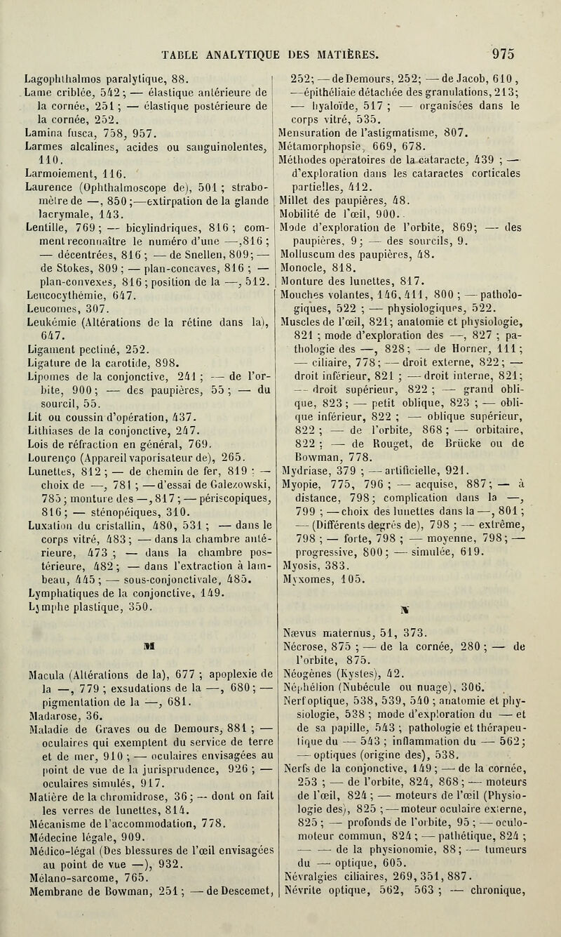 Lagophthalmos paralytique, 88. Lame criblée, 542-, — élastique antérieure de la cornée, 251 ; — élastique postérieure de la cornée, 252. Lamina fusca, 758, 957. Larmes alcalines, acides ou sanguinolentes, 110. Larmoiement, 116. Laurence (Ophthalmoscope de), 501 ; strabo- mètre de —, 850 ;—extirpation de la glande lacrymale, 143. Lentille, 769; — bicylindriques, 816; com- ment reconnaître le numéro d'une—,816; — décentrées, 816 ; — de Snellen, 809; — de Stokes, 809 ; — plan-concaves, 816 ; — plan-convexes, 816 ; position de la —, 512. Leucocythémie, 647. Leucomes, 307. Leukémie (Altérations de la rétine dans la), 647. Ligament pectine, 252. Ligature de la carotide, 898. Lipomes de la conjonctive, 241 ; — de l'or- bite, 900; — des paupières, 55; — du sourcil, 55. Lit ou coussin d'opération, 437. Lithiases de la conjonctive, 247. Lois de réfraction en général, 769. Lourenço (Appareil vaporisateur de), 265. Lunettes, 812 ; — de chemin de fer, 819 ; — choix de —, 781 ; —d'essai de Gale/.owski, 785 ; monture des —, 817 ; — périscopiques, 816; — sténopéiques, 310. Luxation du cristallin, 480, 531 ; — dans le corps vitré, 483; —dans la chambre anté- rieure, 473 ; — dans la chambre pos- térieure, 482 ; — dans l'extraction à lam- beau, 445; — sous-conjonctivale, 485. Lymphatiques de la conjonctive, 149. Ljmphe plastique, 350. M Macula (Altérations de la), 677 ; apoplexie de la —, 779 ; exsudations de la —, 680 ; — pigmentation de la —, 681. Madarose, 36. Maladie de Graves ou de Demours, 881 ; — oculaires qui exemptent du service de terre et de mer, 910 ; — oculaires envisagées au point de vue de la jurisprudence, 926 ; — oculaires simulés, 917. Matière de la chromidrose, 36; — dont on fait les verres de lunettes, 814. Mécanisme de l'accommodation, 778. Médecine légale, 909. Médico-légal (Des blessures de l'œil envisagées au point de vue —), 932. Mélano-sarcome, 765. Membrane de Bowman, 251; — deDescemet, 252; —de Demours, 252; —de Jacob, 610, ■—épithéliaie détachée des granulations, 213; — hyaloïde, 517 ; — organisées dans le corps vitré, 535. Mensuration de l'astigmatisme, 807. Métamorphopsie, 669, 678. Méthodes opératoires de la cataracte, 439 ; — d'exploration dans les cataractes corticales partielles, 412. Millet des paupières, 48. Mobilité de l'œil, 900. ■ Mode d'exploration de l'orbite, 869; — des paupières, 9; — des sourcils, 9. Molluscum des paupières, 48. Monocle, 818. Monture des lunettes, 817. Mouches volantes, 146, 411, 800 ; —patholo- giques, 522 ; — physiologiqups, 522. Muscles de l'œil, 821; analomiè et physiologie, 821 ; mode d'exploration des —, 827 ; pa- thologie des —, 828; — de Horner, 111; — ciliaire, 778; —droit externe, 822; — droit inférieur, 821 ; —droit interne, 821; — droit supérieur, 822 ; — grand obli- que, 823 ; — petit oblique, 823 ; — obli- que inférieur, 822 ; — oblique supérieur, 822 ; — de l'orbite, 868 ; — orbitaire, 822 ; — de Rouget, de Briicke ou de Bowman, 778. Mydriase, 379 ; —artificielle, 921. Myopie, 775, 796; —acquise, 887;— à distance, 798; complication dans la —, 799 ; — choix des lunettes dans la —, 801 ; — (Différents degrés de), 798 ; — extrême, 798 ; — forte, 798 ; — moyenne, 798; — progressive, 800; —simulée, 619. Myosis, 383. Myxomes, 105. W Nœvus maternus, 51, 373. Nécrose, 875 ; — de la cornée, 280 ; — de l'orbite, 875. Néogènes (Kystes), 42. Néphélion (Nubécule ou nuage), 306. Nerf optique, 538, 539, 540 ; anatomie et phy- siologie, 538 ; mode d'exploration du — et de sa papille, 543; pathologie et thérapeu- tique du — 543 ; inflammation du — 562; — optiques (origine des), 538. Nerfs de la conjonctive, 149; —• de la cornée, 253 ; — de l'orbite, 824, 868 ; — moteurs de l'œil, 824 ; — moteurs de l'œil (Physio- logie des), 825 ; — moteur oculaire exierne, 825 ; — profonds de l'orbite, 95 ; — oculo- moteur commun, 824 ; — pathétique, 824 ; — — de la physionomie, 88 ; — tumeurs du — optique, 605. Névralgies ciliaires, 269,351,887. Névrite optique, 562, 563 ; — chronique,