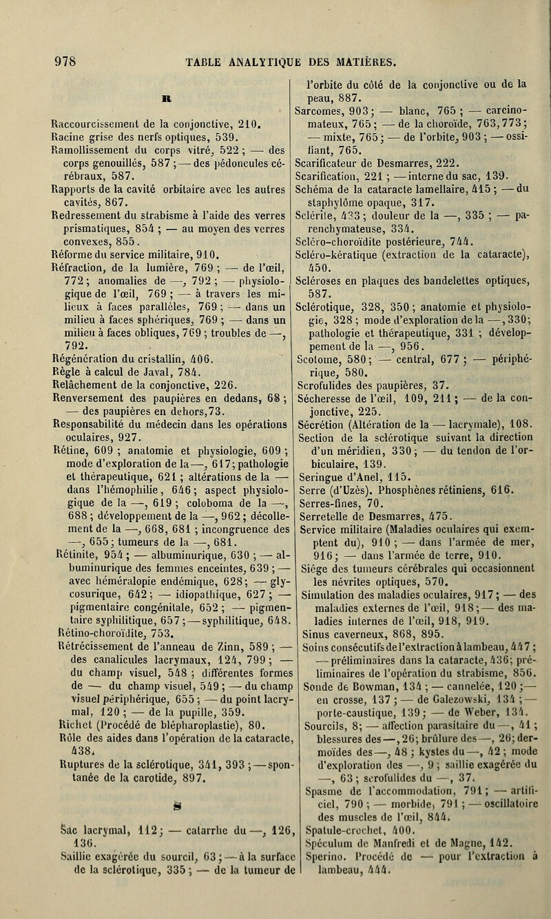 R Raccourcissement de la conjonctive, 210. Racine grise des nerfs optiques, 539. Ramollissement du corps vitré, 522 ; —• des corps genouillés, 587 ; — des pédoncules cé- rébraux, 587. Rapports de la cavité orbitaire avec les autres cavités, 867. Redressement du strabisme à l'aide des verres prismatiques, 854 ; — au moyen des verres convexes, 855. Réforme du service militaire, 910. Réfraction, de la lumière, 769 ; — de l'œil, 772; anomalies de —, 792 ; — physiolo- gique de l'œil, 769 ; — à travers les mi- lieux à faces parallèles, 769 ; —■ dans un milieu à faces sphériques, 769 ; — dans un milieu à faces obliques, 7C9 ; troubles de—, 792. Régénération du cristallin, 406. Règle à calcul de Javal, 784. Relâchement de la conjonctive, 226. Renversement des paupières en dedans, 68 ; — des paupières en dehors, 73. Responsabilité du médecin dans les opérations oculaires, 927. Rétine, 609 ; anatomie et physiologie, 609 ; mode d'exploration de la—, 617; pathologie et thérapeutique, 621 ; altérations de la — dans l'hémophilie, 646; aspect physiolo- gique de la —, 619 ; coloboma de la —, 688 ; développement de la —, 962 ; décolle- ment de la —, 668, 681 ; incongruence des —, 655; tumeurs de la —, 681. Rétinite, 954 ; — albuminurique, 630 ; — al- buminurique des femmes enceintes, 639 ; — avec héméralopie endémique, 628; —■ gly- cosurique, 642 ; — idiopathique, 627 ; — pigmentaire congénitale, 652 ; — pigmen- taire syphilitique, 657; — syphilitique, 648. Rétino-choroïJite, 753. Rétrécissement de l'anneau de Zinn, 589 ; — des canalicules lacrymaux, 124, 799; — du champ visuel, 548 ; différentes formes de — du champ visuel, 549 ; — du champ visuel périphérique, 655; —du point lacry- mal, 120 ; — de la pupille, 359. Richct (Procédé de blépharoplastie), 80. Rôle des aides dans l'opération de la cataracte, 438, Ruptures de la sclérotique, 341, 393 ; — spon- tanée de la carotide, 897. S Sac lacrymal, 112; — catarrhe du—, 126, 136. Saillie exagérée du sourcil, 63; — à la surface de la sclérotique, 335 ; — de la tumeur de l'orbite du côté de la conjonctive ou de la peau, 887. Sarcomes, 903; — blanc, 765 ; — carcino- mateux, 765; —de la choroïde, 763,773; — mixte, 765 ; — de l'orbite., 903 ; — ossi- fiant, 765. Scarificateur de Desmarres, 222. Scarification, 221 ; —interne du sac, 139. Schéma de la cataracte lamellaire, 415 ; —du staphylôme opaque, 317. Sclérile, 433; douleur de la —, 335 ; — pa- renchymateuse, 334. Sclcro-choroïdite postérieure, 744. Scléro-kératique (extraction de la cataracte), 450. Scléroses en plaques des bandelettes optiques, 587. Sclérotique, 328, 350 ; anatomie et physiolo- gie, 328; mode d'exploration delà—,330; pathologie et thérapeutique, 331 ; dévelop- pement de la —, 956. Scotome, 580; — central, 677; — périphé- rique, 580. Scrofulides des paupières, 37. Sécheresse de l'œil, 109, 211 ; — de la con- jonctive, 225. Sécrétion (Altération de la — lacrymale), 108. Section de la sclérotique suivant la direction d'un méridien, 330; — du tendon de l'or- biculaire, 139. Seringue d'Anel, 115. Serre (d'Uzès). Phosphènes rétiniens, 616. Serres-fines, 70. Serretelle de Desmarres, 475. Service militaire (Maladies oculaires qui exem- ptent du), 910;—-dans l'armée de mer, 916; — dans l'armée de terre, 910. Siège des tumeurs cérébrales qui occasionnent les névrites optiques, 570. Simulation des maladies oculaires, 917 ; — des maladies externes de l'œil, 918;— des ma- ladies internes de l'œil, 918, 919. Sinus caverneux, 868, 895. Soins consécutifsdel'exlractionàlambeau, 447 ; --préliminaires dans la cataracte, 436; pré- liminaires de l'opération du strabisme, 856. Sonde de Bowman, 134 ; — cannelée, 120;— en crosse, 137 ; — de Galezowski, 134 ; — porte-caustique, 139; —de Weber, 134. Sourcils, 8; — affection parasitaire du—, 41 ; blessures des—,26; brûlure des—, 26;der- moïdes des—, 48 ; kystes du—, 42 ; mode d'exploration des —, 9 ; saillie exagérée du —, 63 ; scrofulides du —, 37. Spasme de l'accommodation, 791;—artifi- ciel, 790 ; — morbide, 791 ; — oscillatoire des muscles de l'œil, 844. Spatule-crochet, 400. Spéculum do Manfredi et de Magne, 142. Sperino. Procédé de — pour l'extraction à lambeau, 444.