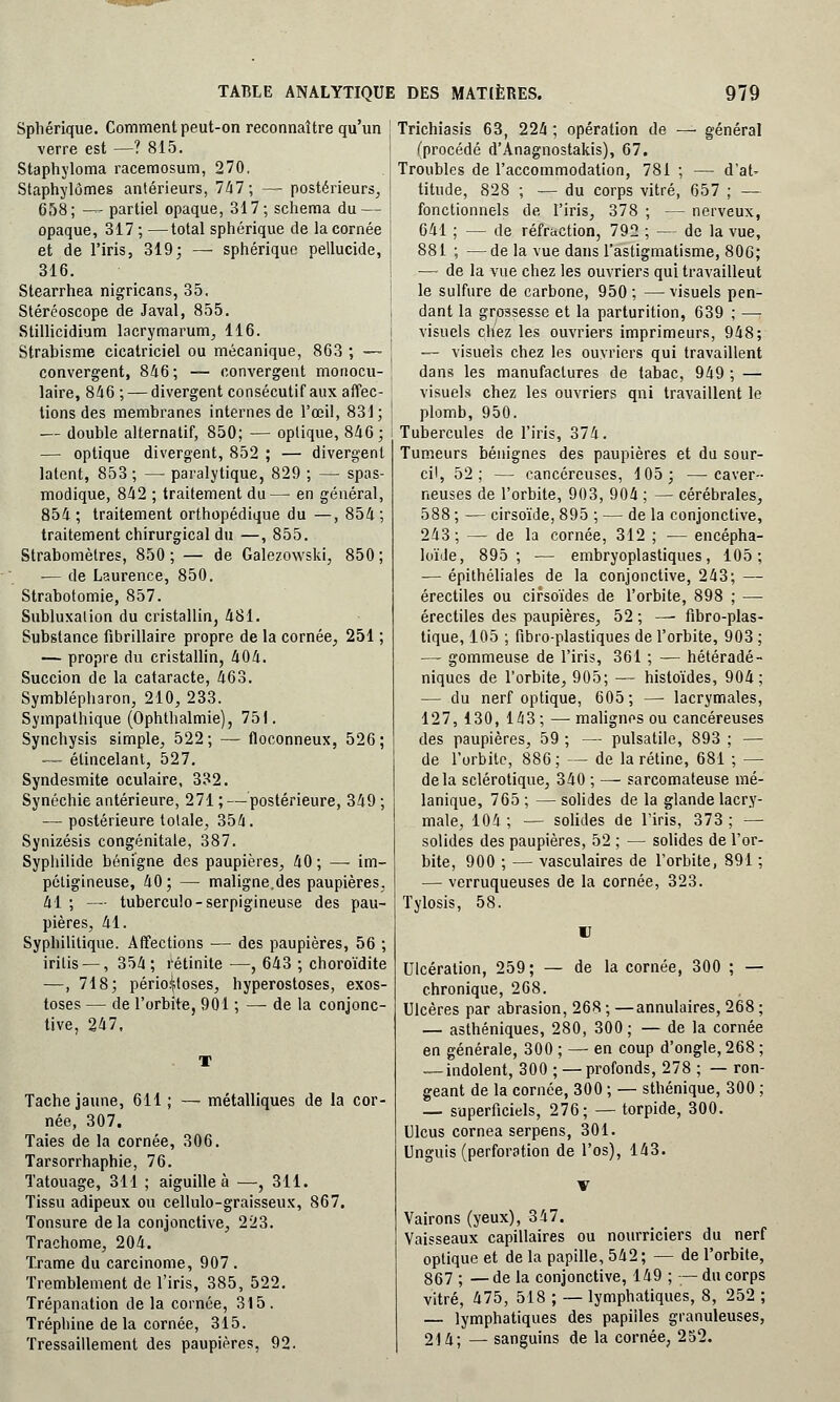 Spliérique. Comment peut-on reconnaître qu'un verre est —? 815. Staphyloma racemosum, 270, Staphylômes antérieurs, 747; — postérieurs, 658 ; — partiel opaque, 317 ; schéma du — opaque, 317 ; —total sphérique de la cornée et de l'iris, 319; — sphérique pellucide, 316. Stearrhea nigricans, 35. Stéréoscope de Javal, 855. Stillicidium lacrymarum, 116. Strabisme cicatriciel ou mécanique, 863 ; — convergent, 846; — convergent monocu- laire, 846 ; — divergent consécutif aux affec- tions des membranes internes de l'œil, 831; — double alternatif, 850; — optique, 846; — optique divergent, 852 ; — divergent latent, 853; — paralytique, 829 ; — spas- modique, 842 ; traitement du— en général, 854; traitement orthopédique du —, 854; traitement chirurgical du —, 855. Strabomètres, 850 ; — de Galezowski, 850 ; — de Laurence, 850. Strabotomie, 857. Subluxation du cristallin, 481. Substance fibrillaire propre de la cornée, 251 ; — propre du cristallin, 404. Succion de la cataracte, 463. Symblépharon, 210, 233. Sympathique (Ophthalmie), 751. Synchysis simple, 522; — floconneux, 526; — élincelant, 527. Syndesmite oculaire, 332. Synéchie antérieure, 271 ; — postérieure, 349 ; — postérieure totale, 354. Synizésis congénitale, 387. Syphilide bénigne des paupières, 40; —- im- pôtigineuse, 40; — maligne.des paupières. 41 ; — tuberculo-serpigineuse des pau- pières, 41. Syphilitique. Affections — des paupières, 56 ; irilis —, 354; rétinite —, 643 ; choroïdite —, 718; pério^toses, hyperostoses, exos- toses — de l'orbite, 901 ; — de la conjonc- tive, 247, Tache jaune, 611; — métalliques de la cor- née, 307. Taies de la cornée, 306. Tarsorrhaphie, 76. Tatouage, 311 ; aiguille à —, 311. Tissu adipeux ou cellulo-graisseux, 867. Tonsure delà conjonctive, 223. Trachome, 204. Trame du carcinome, 907. Tremblement de l'iris, 385, 522. Trépanation de la cornée, 315. Tréphine de la cornée, 315. Tressaillement des paupières, 92. Trichiasis 63, 224 ; opération de — général (procédé d'Anagnostakis), 67. Troubles de l'accommodation, 781 ; — d'at- titude, 828 ; —- du corps vitré, 657 ; — fonctionnels de l'iris, 378 ; — nerveux, 641 ; — de réfraction, 792 ; — de la vue, 881 ; —de la vue dans l'astigmatisme, 80C; — de la vue chez les ouvriers qui travailleut le sulfure de carbone, 950 ; — visuels pen- dant la grossesse et la parturition, 639 ; — visuels chez les ouvriers imprimeurs, 948; — visuels chez les ouvriers qui travaillent dans les manufactures de tabac, 949 ; — visuels chez les ouvriers qni travaillent le plomb, 950. Tubercules de l'iris, 374. Tumeurs bénignes des paupières et du sour- cil, 52; — cancéreuses, 105; —caver neuses de l'orbite, 903, 904 ; — cérébrales 588 ; -— cirsoïde, 895 ; — de la conjonctive 243 ; — de la cornée, 312 ; — encépha- loïde, 895; ■— embryoplastiques, 105 — épithéliales de la conjonctive, 243; — érectiles ou cirsoïdes de l'orbite, 898 ; — érectiles des paupières, 52 ; —- fibro-plas- tique, 105 ; fibro-plastiques de l'orbite, 903 ; —- gommeuse de l'iris, 361 ; — hétéradé- niques de l'orbite, 905; — histoïdes, 904; — du nerf optique, 605; — lacrymales, 127, 130, 143; —■ malignes ou cancéreuses des paupières, 59 ; — pulsatile, 893 ; — de l'orbite, 886; — de la rétine, 681 ; — delà sclérotique, 340 ; — sarcomateuse mé- lanique, 765 ; — solides de la glande lacry- male, 104 ; — solides de l'iris, 373 ; — solides des paupières, 52 ; — solides de l'or- bite, 900 ; — vasculaires de l'orbite, 891 ; — verruqueuses de la cornée, 323. Tylosis, 58. U Ulcération, 259; — de la cornée, 300 ; — chronique, 268. Ulcères par abrasion, 268 ; —annulaires, 268 — asthéniques, 280, 300; — de la cornée en générale, 300 ; — en coup d'ongle, 268 — indolent, 300 ; — profonds, 278 ; — ron géant de la cornée, 300 ; — sthénique, 300 — superficiels, 276; — torpide, 300. Ulcus cornea serpens, 301. Unguis (perforation de l'os), 143. Vairons (yeux), 347. Vaisseaux capillaires ou nourriciers du nerf optique et de la papille, 542; — de l'orbite, 867 ; — de la conjonctive, 149 ; — du corps vitré, 475, 518 ; — lymphatiques, 8, 252 ; — lymphatiques des papilles granuleuses, 214; — sanguins de la cornée, 252.