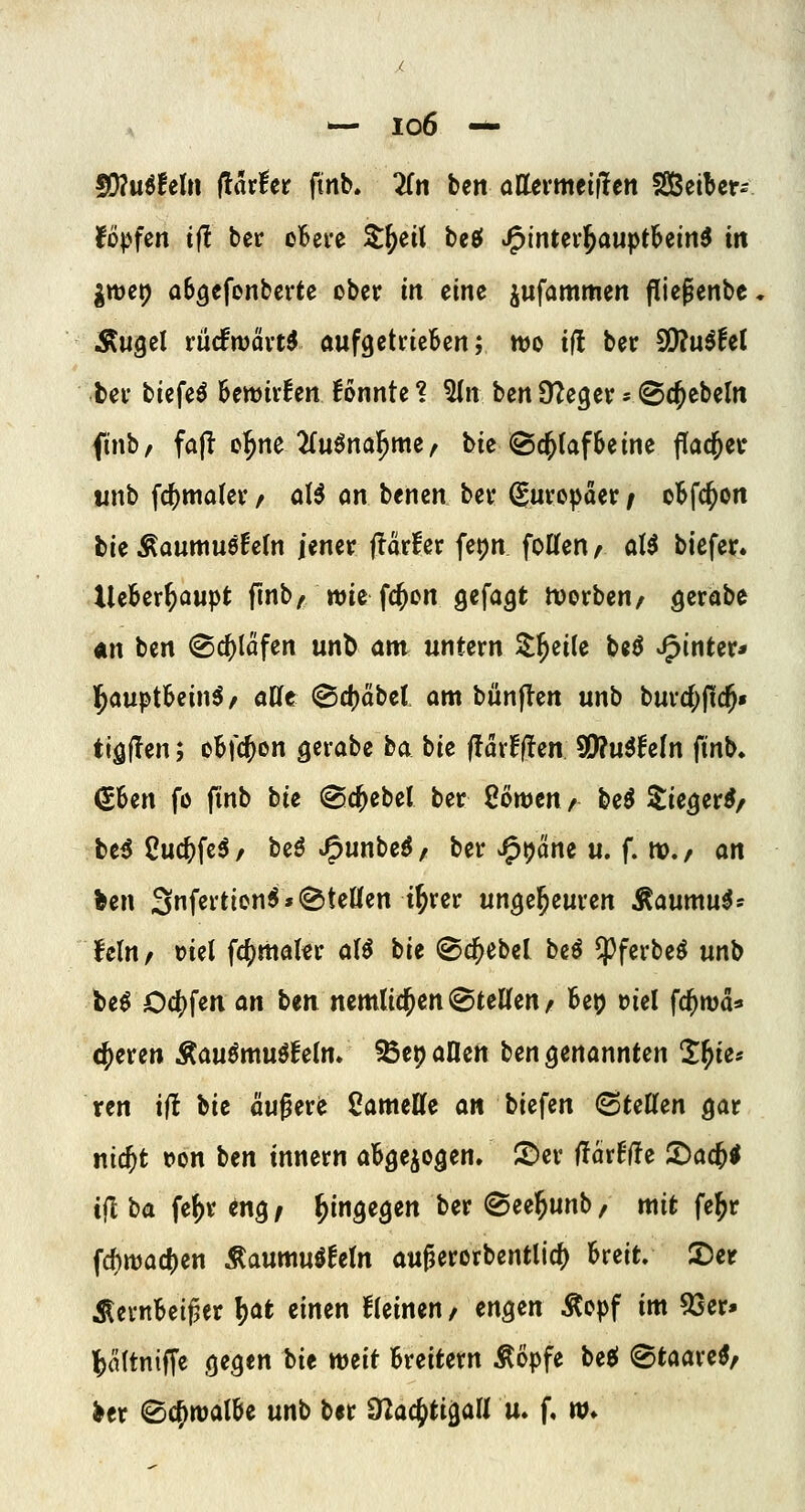 ^— io6 -*- fßluihhi Hattet finb. Tin ben attevmeiilen Sßßeibcr^ Upfcn iii ber oBcre ^^eit M J^inHtl)aui(>tUin6 in jtt)ct) aBgefonbcrtc ober in eine jufammen piegenbe* Äugcl rücfwävtl aufgetricSen; mo ifl ber 9!}?u^fet tcv biefe^ 6ett)ir!cn konnte % ^n ben Ü^egev > (Sc^ebeln finbr fa(l o^ne ^Tu^na^me, bie @cj(afSeine flac^eu unb fc()malev / aB ön bencn bev ^uroijaer / oBfc^on bie Äauwuefc(n jener flMer fepn foKen / al5 biefer. Xleber^aupt fmb, wie fc^en gefaxt tvorben/ gerabe «n ben @c{)lafen un^ am untern Z^eik beö J^inter* l^auptBein^^ aUt (Bd)(xbcl am bunflen unb burc()flc5» tJäffen; cbfcjon gcrabe ba bie ilaxfften ^n^teln ftnb» 0>en fü finb bie @c^ebet ber 2öwen /■ be6 ^ie^etSf bei 2u(i)\e6, beö Jpunbeß/ ber J^tjäne u. f. tt>./ an *en 3nf«^*tion^»(^teüen t^rer un^e^euren Äaumu^- fcltt/ tiel fcf)ma(«r a(ö bie ©c^cbel beß $ferbeö unb be^ 04)fen an ben nemlid^en ©teilen / 6eo »iel fc^wd^» eueren Äauömuöfetm ^ep allen ben genannten 2^ie* ren if! bie äu^ete Camette an biegen <BteUen Qat nicjt »on ben innern aBgejogen, S>er ffdr^flfe !l)ac^< tfl ba fef>r eng/ hingegen ber ©ee^unb, mit fe^r ^d)wad)en ^anmniUln augerorbentlic^ 6reit» 2Der ÄevnBeißer l)at einen kleinen / en^en Äepf im 93er» |)ci(tnifl'e Qeqtn bit mit Breitern ÄÖpfe beel ©taareö, ^er ©c^walBe unb bir d^ac^ti^all u. f. n^*