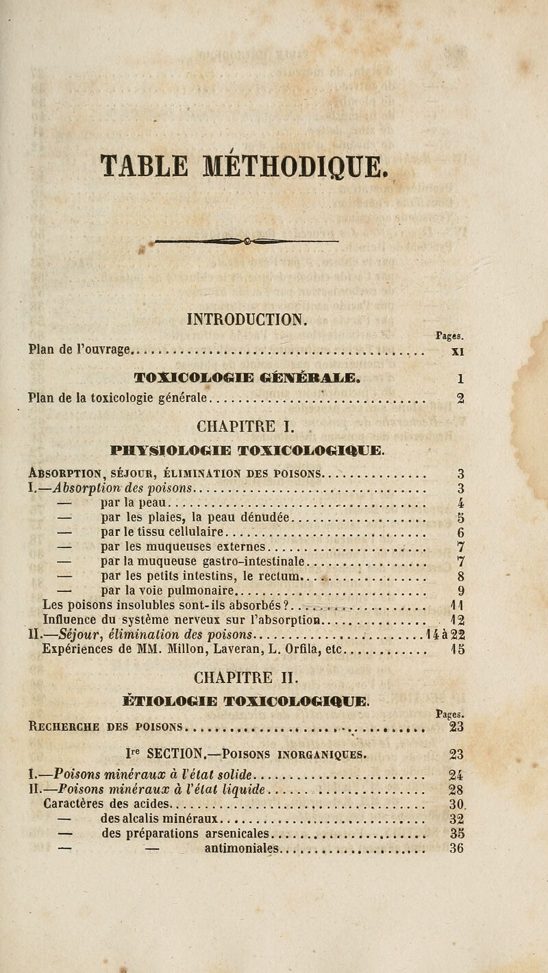 TABLE METHODIQUE. INTRODUCTION. Tages. Plan de l'ouvrage xi TOXICOLOGIE GENERALE. 1 Plan de la toxicologie générale .' 2 CHAPITRE I. . PHYSIOLOGIE TOXICOLOGIOXTE. Absorption, séjour, élimination des poisons 3 I.—Absorption des poisons 3 — par la peau 4 — par les plaies, la peau dénudée 5 — par le tissu cellulaire 6 — par les muqueuses externes 7 — par la muqueuse gastro-intestinale 7 — par les petits intestins, le rectum : 8 — par la voie pulmonaire 9 Les poisons insolubles sont-ils absorbés ?..... 41 Influence du système nerveux sur l'absorption.. 42 IL—Séjour, élimination des poisons 14 à 22 Expériences de MM. Millon, Laveran, L. Orfila, etc 45 CHAPITRE II. ÈTIOLOGIE TOXICOLOGIQUE. Pages. Recherche des poisons ,.. 23 Ire SECTION.—Poisons inorganiques. 23 I.—Poisons minéraux à l'état solide 24 H.—Poisons minéraux à l'état liquide 28 Caractères des acides -. 30. — des alcalis minéraux 32 — des préparations arsenicales 35 — — antimoniales 36