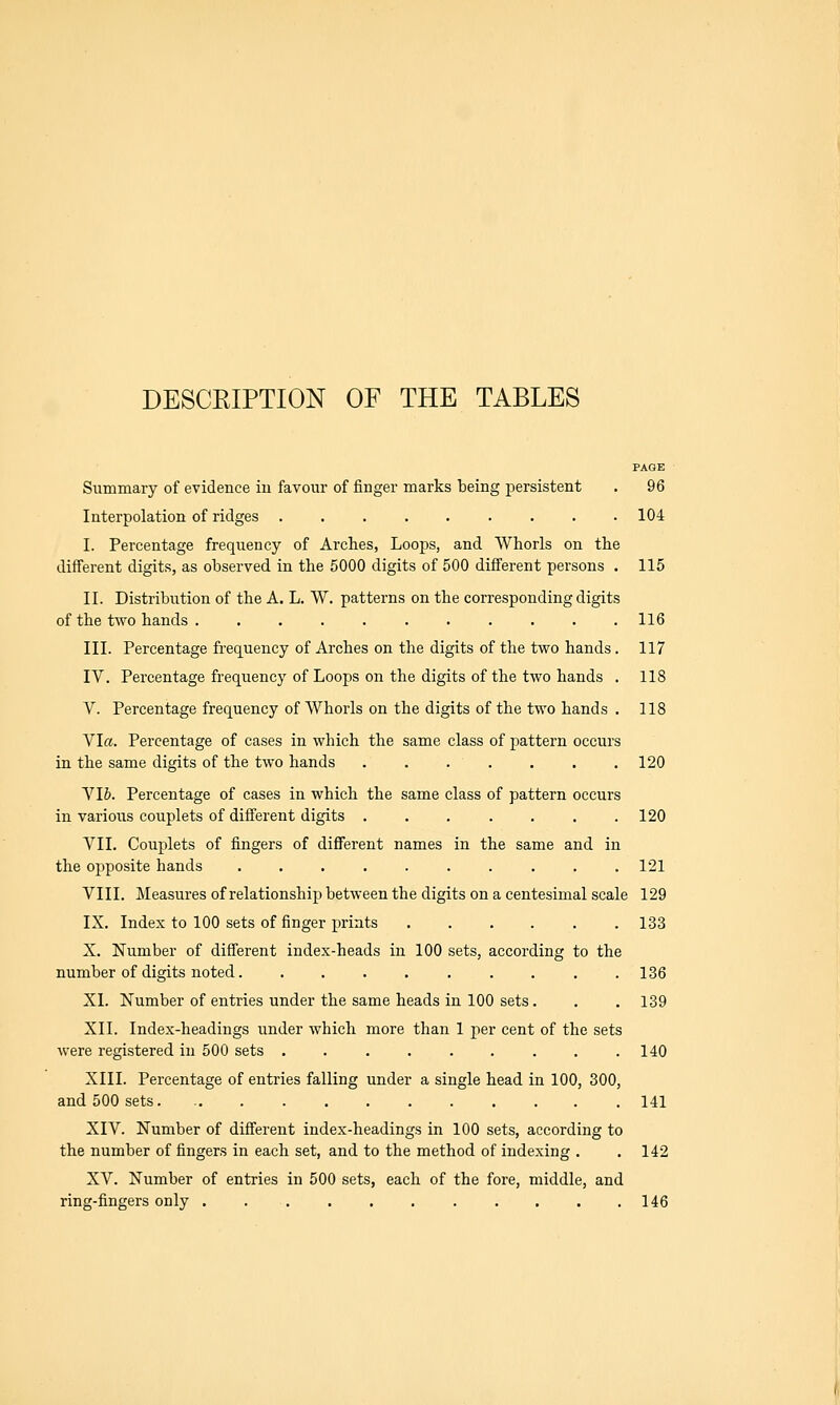 PAGE Summary of evidence iu favour of finger marks being persistent . 96 Interpolation of ridges 104 I. Percentage frequency of Arches, Loops, and Whorls on the different digits, as observed in the 5000 digits of 500 different persons . 115 II. Distribution of the A. L. W. patterns on the corresponding digits of the two hands ........... 116 III. Percentage frequency of Arches on the digits of the two hands. 117 IV. Percentage frequency of Loops on the digits of the two hands . 118 V. Percentage frequency of Whorls on the digits of the two hands . 118 Via. Percentage of cases in which the same class of pattern occurs in the same digits of the two hands 120 VI6. Percentage of cases in which the same class of pattern occurs in various couplets of different digits . . . . . . .120 VII. Couplets of fingers of different names in the same and in the opposite hands 121 VIII. Measures of relationship between the digits on a centesimal scale 129 IX. Index to 100 sets of finger prints 1-33 X. Number of different index-heads in 100 sets, according to the number of digits noted . . . .136 XI. Number of entries under the same heads in 100 sets. . .139 XII. Index-headings under which more than 1 per cent of the sets were registered in 500 sets . . . . . . . . .140 XIII. Percentage of entries falling under a single head in 100, 300, and 500 sets 141 XIV. Number of different index-headings in 100 sets, according to the number of fingers in each set, and to the method of indexing . .142 XV. Number of entries in 500 sets, each of the fore, middle, and ring-fingers only 146