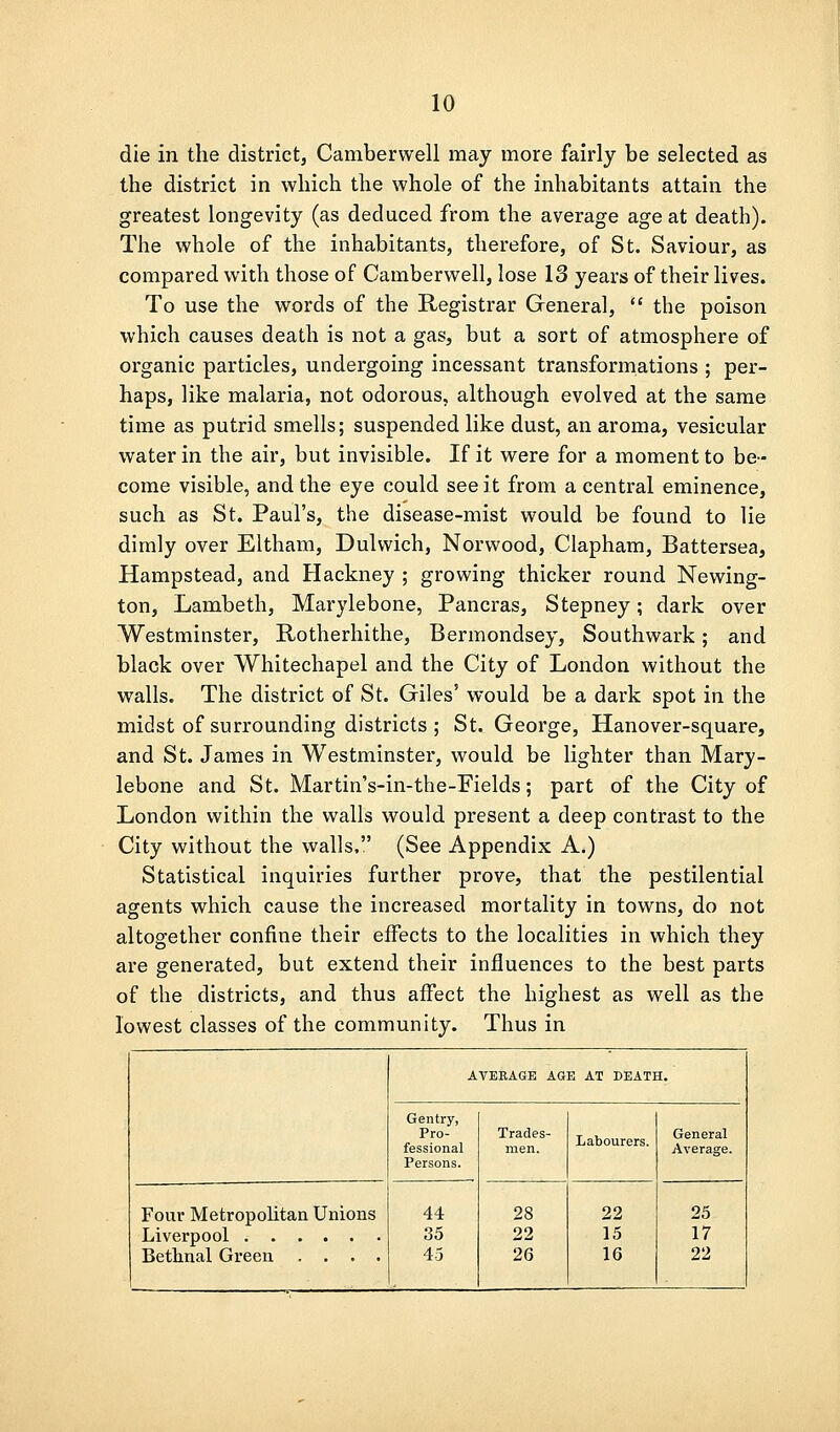 die in the district, Camberwell may more fairly be selected as the district in which the whole of the inhabitants attain the greatest longevity (as deduced from the average age at death). The whole of the inhabitants, therefore, of St. Saviour, as compared with those of Camberwell, lose 13 years of their lives. To use the words of the Registrar General,  the poison which causes death is not a gas, but a sort of atmosphere of organic particles, undergoing incessant transformations ; per- haps, like malaria, not odorous, although evolved at the same time as putrid smells; suspended like dust, an aroma, vesicular water in the air, but invisible. If it were for a moment to be- come visible, and the eye could see it from a central eminence, such as St. Paul's, the disease-mist would be found to lie dimly over Eltham, Dulwich, Norwood, Clapham, Battersea, Hampstead, and Hackney ; growing thicker round Newing- ton, Lambeth, Marylebone, Pancras, Stepney; dark over Westminster, Rotherhithe, Bermondsey, Southwark; and black over Whitechapel and the City of London without the walls. The district of St. Giles' would be a dark spot in the midst of surrounding districts ; St. George, Hanover-square, and St. James in Westminster, would be lighter than Mary- lebone and St. Martin's-in-the-Fields; part of the City of London within the walls would present a deep contrast to the City without the walls, (See Appendix A.) Statistical inquiries further prove, that the pestilential agents which cause the increased mortality in towns, do not altogether confine their effects to the localities in which they are generated, but extend their influences to the best parts of the districts, and thus affect the highest as well as the lowest classes of the community. Thus in AVERAGE AGE AT DEATH. Gentry, Pro- fessional Persons. Trades- men. Labourers. General Average. Four Metropolitan Unions Liverpool Bethnal Green .... 44 35 45 28 22 26 22 15 16 25 17 22