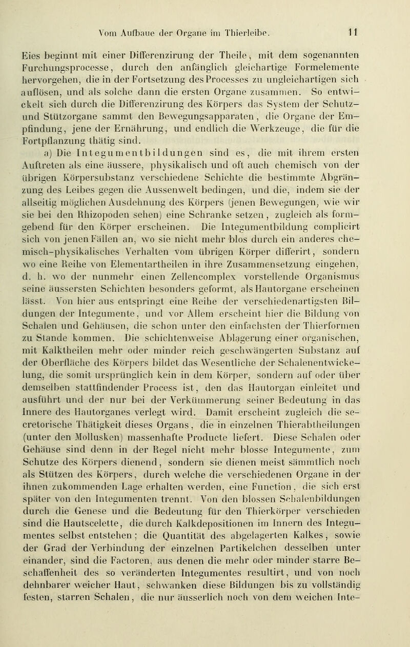Eies beginnt mit einer Differenzirung der Theile, mit dem sogenannten Furchungsprocesse, durch den anfänglich gleichartige Formelemente hervorgehen, die in der Fortsetzung desProcesses zu ungleichartigen sich auflösen, und als solche dann die ersten Organe zusammen. So entwi- ckelt sich durch die Differenzirung des Körpers das System der Schutz- und Stützorgane sammt den Bewegungsapparaten, die Organe der Em- pfindung, jene der Ernährung, und endlich die Werkzeuge, die für die Fortpflanzung thätig sind. a) Die Integumentbi 1 düngen sind es, die mit ihrem ersten Auftreten als eine äussere, physikalisch und oft auch chemisch von der übrigen Körpersubstanz verschiedene Schichte die bestimmte Abgrän- zung des Leibes gegen die Aussenwelt bedingen, und die, indem sie der allseitig möglichen Ausdehnung des Körpers (jenen Bewegungen, wie wir sie bei den Bhizopoden sehen) eine Schranke setzen, zugleich als form- gebend für den Körper erscheinen. Die Integumentbildung complicirt sich von jenen Fällen an, wo sie nicht mehr blos durch ein anderes che- misch-physikalisches Verhalten vom übrigen Körper differirt, sondern wo eine Beihe von Elementartheilen in ihre Zusammensetzung eingehen, d. h. wo der nunmehr einen Zellencomplex vorstellende Organismus seine äussersten Schichten besonders geformt, als Hautorgane erscheinen lässt. Von hier aus entspringt eine Beihe der verschiedenartigsten Bil- dungen der Integumente, und vor Allem erscheint hier die Bildung von Schalen und Gehäusen, die schon unter den einfachsten der Thierformen zu Stande kommen. Die schichtenweise Ablagerung einer organischen, mit Kalktheilen mehr oder minder reich geschwängerten Substanz auf der Oberfläche des Körpers bildet das Wesentliche der Schalenentwicke- lung, die somit ursprünglich kein in dem Körper, sondern auf oder über demselben stattfindender Process ist, den das Hautorgan einleitet und ausführt und der nur bei der Verkümmerung seiner Bedeutung in das Innere des Hautorganes verlegt wird. Damit erscheint zugleich die se- cretorische Thäligkeit dieses Organs, die in einzelnen Thierabtheilungen (unter den Mollusken) massenhafte Producte liefert. Diese Schalen oder Gehäuse sind denn in der Begel nicht mehr blosse Integumente, zum Schutze des Körpers dienend, sondern sie dienen meist sämmtlich noch als Stützen des Körpers, durch welche die verschiedenen Organe in der ihnen zukommenden Lage erhalten werden, eine Function, die sich erst später von den Integumenten trennt. Von den blossen Sohalenbildungen durch die Genese und die Bedeutung für den Thierkörper verschieden sind die Hautscelette, die durch Kalkdepositionen im Innern des Integu- mentes selbst entstehen ; die Quantität des abgelagerten Kalkes, sowie der Grad der Verbindung der einzelnen Partikelchen desselben unter einander, sind die Factoren, aus denen die mehr oder minder starre Be- schaffenheit des so veränderten Integumentes resultirt, und von noch dehnbarer weicher Haut, schwanken diese Bildungen bis zu vollständig festen, starren Schalen, die nur äusserlich noch von dem weichen Inte-