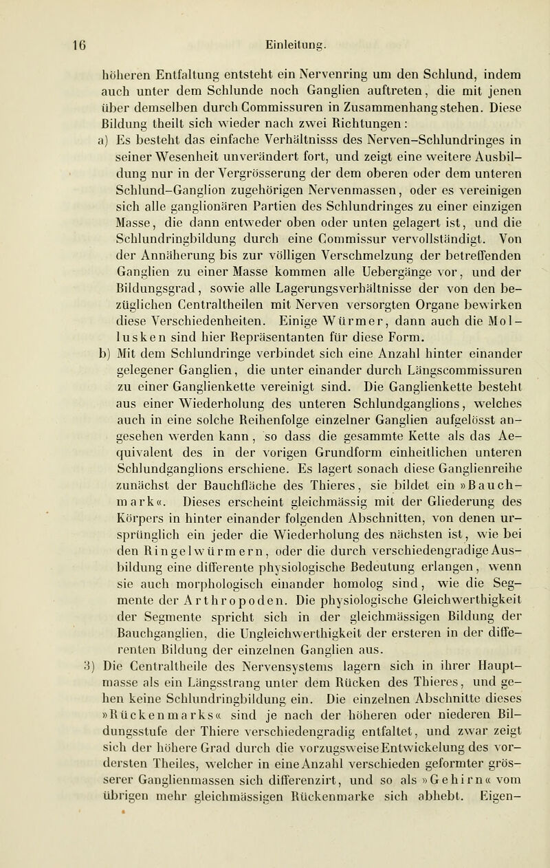 höheren Entfaltung entsteht ein Nervenring um den Schlund, indem auch unter dem Schlünde noch Ganglien auftreten, die mit jenen über demselben durch Commissuren in Zusammenhang stehen. Diese Bildung theilt sich wieder nach zwei Richtungen : a) Es besteht das einfache Verhältnisss des Nerven-Schlundringes in seiner Wesenheit unverändert fort, und zeigt eine weitere Ausbil- dung nur in der Vergrösserung der dem oberen oder dem unteren Schlund-Ganglion zugehörigen Nervenmassen, oder es vereinigen sich alle ganglionären Partien des Schlundringes zu einer einzigen Masse, die dann entweder oben oder unten gelagert ist, und die Schlundringbildung durch eine Commissur vervollständigt. Von der Annäherung bis zur völligen Verschmelzung der betreffenden Ganglien zu einer Masse kommen alle Uebergänge vor, und der Bildungsgrad, sowie alle Lagerungsverhältnisse der von den be- züglichen Centraltheilen mit Nerven versorgten Organe bewirken diese Verschiedenheiten. Einige Würmer, dann auch die Mol- lusken sind hier Repräsentanten für diese Form. b) Mit dem Schlundringe verbindet sich eine Anzahl hinter einander gelegener Ganglien, die unter einander durch Längscommissuren zu einer Ganglienkette vereinigt sind. Die Ganglienkette besteht aus einer Wiederholung des unteren Schlundganglions, welches auch in eine solche Reihenfolge einzelner Ganglien aufgelösst an- gesehen werden kann, so dass die gesammte Kette als das Ae- quivalent des in der vorigen Grundform einheitlichen unteren Schlundganglions erschiene. Es lagert sonach diese Ganglienreihe zunächst der Bauchfläche des Thieres, sie bildet ein »Bauch- mark«. Dieses erscheint gleichmässig mit der Gliederung des Körpers in hinter einander folgenden Abschnitten, von denen ur- sprünglich ein jeder die Wiederholung des nächsten ist, wie bei den Ringelwürmern, oder die durch verschiedengradigeAus- bildung eine differente physiologische Bedeutung erlangen, wenn sie auch morphologisch einander homolog sind, wie die Seg- mente der Arthropoden. Die physiologische Gleichwerthigkeit der Segmente spricht sich in der gleichmässigen Bildung der Bauchganglien, die Ungleichwerthigkeit der ersteren in der diffe- renten Bildung der einzelnen Ganglien aus. 3) Die Centraltheile des Nervensystems lagern sich in ihrer Haupt- masse als ein Längsstrang unter dem Rücken des Thieres, und ge- hen keine Schlundringbildung ein. Die einzelnen Abschnitte dieses »Rückenmarks« sind je nach der höheren oder niederen Bil- dungsstufe der Thiere verschiedengradig entfaltet, und zwar zeigt sich der höhere Grad durch die vorzugsweise Entwicklung des vor- dersten Theiles, welcher in eine Anzahl verschieden geformter grös- serer Ganglienmassen sich differenzirt, und so als »Gehirn« vom übrigen mehr gleichmässigen Rückenmarke sich abhebt. Eigen-
