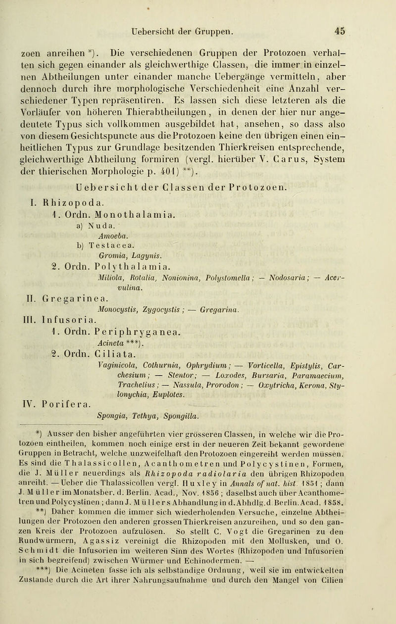 zoen anreihen *). Die verschiedenen Gruppen der Protozoen verhal- ten sich gegen einander als gleichwerthige Classen, die immer in einzel- nen Abtheilungen unter einander manche Uebergänge vermitteln, aber dennoch durch ihre morphologische Verschiedenheit eine Anzahl ver- schiedener Typen reprasentiren. Es lassen sich diese letzteren als die Vorläufer von höheren Thierabtheilungen, in denen der hier nur ange- deutete Typus sich vollkommen ausgebildet hat, ansehen, so dass also von diesem Gesichtspuncte aus die Protozoen keine den übrigen einen ein- heitlichen Typus zur Grundlage besitzenden Thierkreisen entsprechende, gleichwerthige Abtheilung formiren (vergl. hierüber V. Carus, System der thierischen Morphologie p. 401) **). Uebersicht der Classen der Protozoen. I. Rhizopoda. 1. Ordn. Monothalamia. a) Nuda. Amoeba. b) Testacea. Gromia, Lagynis. 2. Ordn. Polythalamia. Miliola, Rotalia, Nonionina, Polystomella; — Nodosaria; — Acer- vulina. II. Gregarinea. Monocystis, Zygocystis ; — Gregarina. III. Infusoria. 1. Ordn. Periphryganea. Acineta ***). 2. Ordn. Ciliata. Vaginicola, Colhurnia, Ophrydium; — Vorticella, Epistylis, Car- chesium; — Stentor; — Loxodes, Bursaria, Paramaecium, Trachelius; — Nassula, Prorodon; — Oxytricha, Kerona, Sty- lonychia, Euplotes. IV. Porifera. Spongia, Tethya, Spongüla. *) Ausser den bisher angeführten vier grösseren Classen, in welche wir die Pro- tozoen eintheilen, kommen noch einige erst in der neueren Zeit bekannt gewordene Gruppen in Betracht, welche unzweifelhaft den Protozoen eingereiht werden müssen. Es sind die Thalassicollen, Acanthometren und Polycystinen, Formen, die J. Müller neuerdings als Rhizopoda radiolaria den übrigen Rhizopoden anreiht. — Ueber die Thalassicollen vergl. Huxley in Annais ofnat. hist. 1854 ; dann J. Müller imMonatsber.d. Berlin. Acad., Nov. 4 856 ; daselbst auch über Acanthome- tren und Polycystinen ; dann J. M ü 11 e r s Abhandlung in d. Abhdlg.d. Berlin. Acad. 1858. **) Daher kommen die immer sich wiederholenden Versuche, einzelne Abthei- lungen der Protozoen den anderen grossen Thierkreisen anzureihen, und so den gan- zen Kreis der Protozoen aufzulösen. So stellt C. Vogt die Gregarinen zu den Rundwürmern, Agassiz vereinigt die Rhizopoden mit den Mollusken, und 0. Schmidt die Infusorien im weiteren Sinn des Wortes (Rhizopoden und Infusorien in sich begreifend) zwischen Würmer und Echinodermen. — ***) Die Acineten fasse ich als selbständige Ordnung, weil sie im entwickelten Zustande durch die Art ihrer Nahrungsaufnahme und durch den Mangel von Cilien