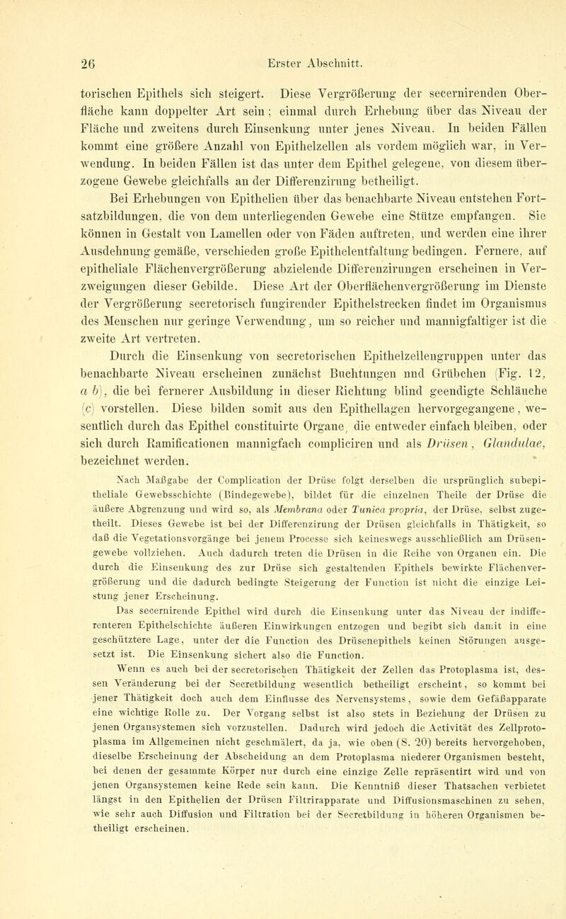 torischen Epithels sich steigert. Diese Vergrößerung der secernirenden Ober- fläche kann doppelter Art sein; einmal durch Erhebung über das Niveau der Fläche und zweitens durch Eiusenkung unter jenes Niveau. In beiden Fällen kommt eine größere Anzahl von Epithelzellen als vordem möglich war, in Ver- wendung. In beiden Fällen ist das unter dem Epithel gelegene, von diesem über- zogene Gewebe gleichfalls an der Differenzirung betheiligt. Bei Erhebungen von Epithelien über das benachbarte Niveau entstehen Fort- satzbildungen, die von dem unterliegenden Gewebe eine Stütze empfangen. Sie können in Gestalt von Lamellen oder von Fäden auftreten, imd werden eine ihrer Ausdehnung gemäße, verschieden große Epithelentfaltung bedingen. Fernere, auf epitheliale Flächen Vergrößerung abzielende Difierenzirungen erscheinen in Ver- zweigungen dieser Gebilde. Diese Art der Oberflächenvergrößerung im Dienste der Vergrößerung secretorisch fungirender Epithelstrecken findet im Organismus des Menschen nur geringe Verwendung, um so reicher und mannigfaltiger ist die zweite Art vertreten. Durch die Einsenkung von secretorischen Epithelzellengrnppen unter das benachbarte Niveau erscheinen zunächst Buchtungen nnd Grübchen (Fig. 12, a b], die bei fernerer Ausbildung in dieser Richtung blind geendigte Schläuche (c) vorstellen. Diese bilden somit aus den Epithellagen hervorgegangene, we- sentlich durch das Epithel constituirte Orgaue, die entweder einfach bleiben, oder sich durch Ramificationen mannigfach compliciren und als Drüsen, Glandulae, bezeichnet werden. Nacli Maßgabe der Complication der Drüse folgt derselben die ursprünglich subepi- tlieliale Gewebsschichte (Bindegewebe], bildet für die einzelnen Theile der Drüse die äußere Abgrenzung und wird so, als Membrana oder Tunica propria, der Drüse, selbst zuge- theilt. Dieses Gewebe ist bei der Differenzirung der Drüsen gleichfalls in Thätigkeit, so daß die Vegetationsvorgänge bei jenem Processe sich keineswegs ausschließlich am Drüsen- gewebe vollziehen. Auch dadurch treten die Drüsen in die Reihe von Organen ein. Die durch die Einsenkung des zur Drüse sich gestaltenden Epithels bewirkte Fläehenver- größerung und die dadurch bedingte Steigerung der Function ist nicht die einzige Lei- stung jener Erscheinung. Das secernirende Epithel wird durch die Einsenkung unter das Niveau der indiffe- renteren Epithelschichte äußeren Einwirkungen entzogen und begibt sich damit in eine geschütztere Lage, unter der die Function des Drüsenepithels keinen Störungen ausge- setzt ist. Die Einsenkung sichert also die Function. Wenn es auch bei der secretorischen Thätigkeit der Zellen das Protoplasma ist, des- sen Veränderung bei der Secretbildung wesentlich betheiligt erscheint, so kommt bei jener Thätigkeit doch auch dem Einflüsse des Nervensystems, sowie dem Gefäßapparate eine wichtige Rolle zu. Der Vorgang selbst ist also stets in Beziehung der Drüsen zu jenen Organsystemen sich vorzustellen. Dadurch wird jedoch die Activität des Zellproto- plasma im Allgemeinen nicht geschmälert, da ja, wie oben (S. 20) bereits hervorgehoben, dieselbe Erscheinung der Abscheidung an dem Protoplasma niederer Organismen besteht, bei denen der gesammte Körper nur durch eine einzige Zelle xepräsentirt wird und von jenen Organsystemen keine Rede sein kann. Die Kenntniß dieser Thatsachen verbietet längst in den Epithelien der Drüsen Filtrirapparate und Diffusionsmaschinen zu sehen, wie sehr auch Diffusion und Filtration bei der Secretbildung in höheren Organismen be- theiligt erscheinen.