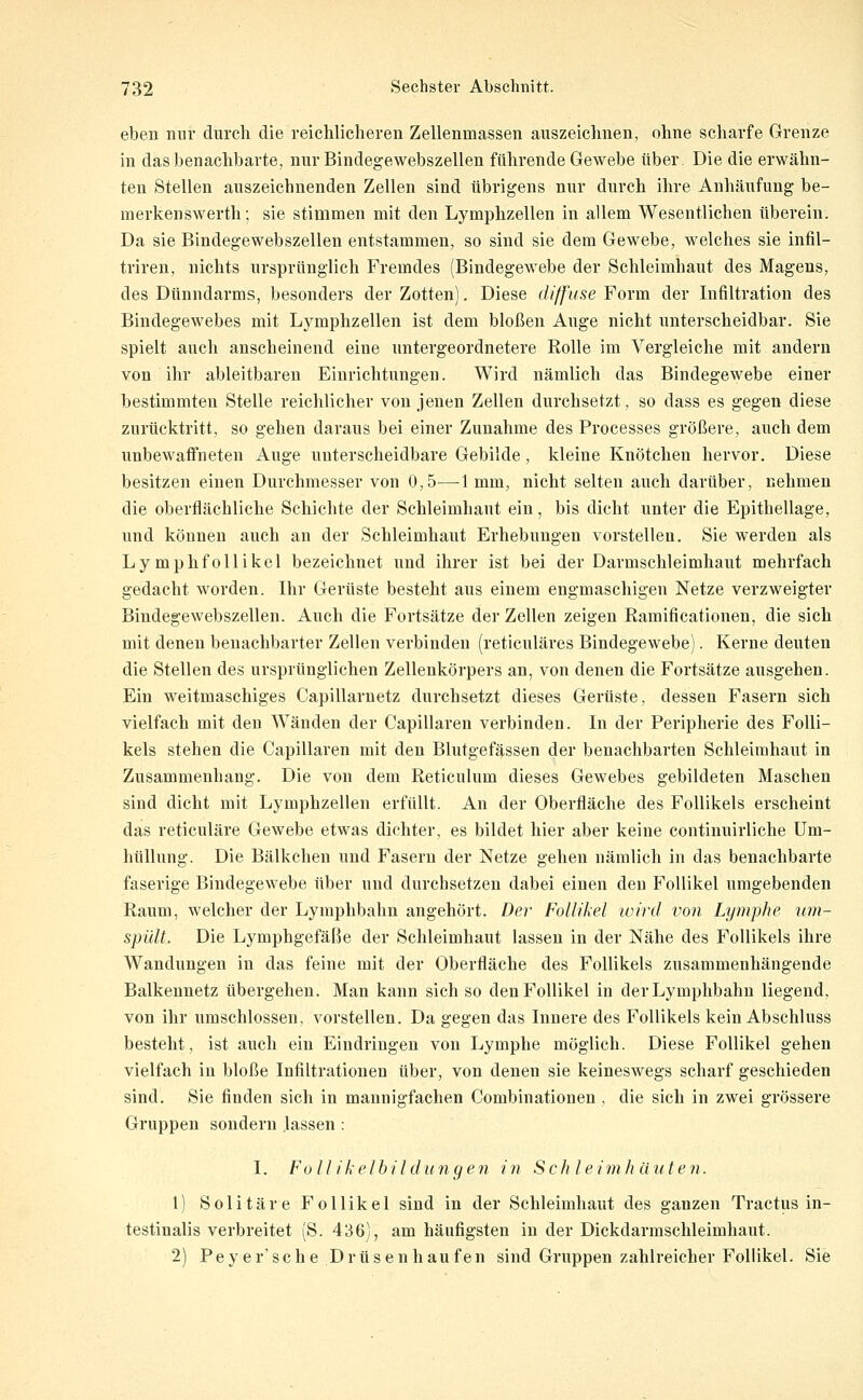 eben nur durch die reichlicheren Zellenmassen auszeichnen, ohne scharfe Grenze in das benachbarte, nur Bindegewebszellen führende Gewebe über Die die erwähn- ten Stellen auszeichnenden Zellen sind übrigens nur durch ihre Anhäufung be- merken swerth; sie stimmen mit den Lymphzellen in allem Wesentlichen überein. Da sie Bindegewebszellen entstammen, so sind sie dem Gewebe, welches sie infil- triren, nichts ursprünglich Fremdes (Bindegewebe der Schleimhaut des Magens, des Dünndarms, besonders der Zotten). Diese diffuse Form der Infiltration des Bindegewebes mit Lj'^mphzellen ist dem bloßen Auge nicht unterscheidbar. Sie spielt auch anscheinend eine untergeordnetere Rolle im Vergleiche mit andern von ihr ableitbaren Einrichtungen. Wird nämlich das Bindegewebe einer bestimmten Stelle reichlicher von jenen Zellen durchsetzt, so dass es gegen diese zurücktritt, so gehen daraus bei einer Zunahme des Processes größere, auch dem unbewaffneten Auge unterscheidbare Gebilde, kleine Knötchen hervor. Diese besitzen einen Durchmesser von 0,5—1mm, nicht selten auch darüber, nehmen die oberflächliche Schichte der Schleimhaut ein, bis dicht unter die Epithellage, und können auch an der Schleimhaut Erhebungen vorstellen. Sie werden als Lymphfollikel bezeichnet und ihrer ist bei der Darmschleimhaut mehrfach gedacht worden. Ihr Gerüste besteht aus einem engmaschigen Netze verzweigter Bindegewebszellen. Auch die Fortsätze der Zellen zeigen Ramificationen, die sich mit denen benachbarter Zellen verbinden (reticuläres Bindegewebe). Kerne deuten die Stellen des ursprünglichen Zellenkörpers an, von denen die Fortsätze ausgehen. Ein weitmaschiges Capillarnetz durchsetzt dieses Gerüste, dessen Fasern sich vielfach mit den Wänden der Capillaren verbinden. In der Peripherie des Folli- kels stehen die Capillaren mit den Blutgefässen der benachbarten Schleimhaut in Zusammenbang. Die von dem Reticulum dieses Gewebes gebildeten Maschen sind dicht mit Lymphzellen erfüllt. An der Oberfläche des Follikels erscheint das reticuläre Gewebe etwas dichter, es bildet hier aber keine continuirliche Um- hüllung. Die Bälkchen und Fasern der Netze gehen nämlich in das benachbarte faserige Bindegewebe über und durchsetzen dabei einen den Follikel umgebenden Raum, welcher der Lymphbahn angehört. Der Follikel ivird von Lymphe um- spült. Die Lymphgefäße der Schleimhaut lassen in der Nähe des Follikels ihre Wandungen in das feine mit der Oberfläche des Follikels zusammenhängende Balkennetz übergehen. Man kann sich so den Follikel in der Lymphbahn liegend, von ihr umschlossen, vorstellen. Da gegen das Innere des Follikels kein Abschluss besteht, ist auch ein Eindringen von Lymphe möglich. Diese Follikel gehen vielfach in bloße Infiltrationen über, von denen sie keineswegs scharf geschieden sind. Sie finden sich in mannigfachen Combinationeu , die sich in zwei grössere Gruppen sondern lassen : I. Follikelhildungen in Schleimhäuten. 1) Solitäre Follikel sind in der Schleimhaut des ganzen Tractus in- testinalis verbreitet (S. 436), am häufigsten in der Dickdarmschleimhaut. 2) Peyer'sche Drüsenhaufen sind Gruppen zahlreicher Follikel. Sie