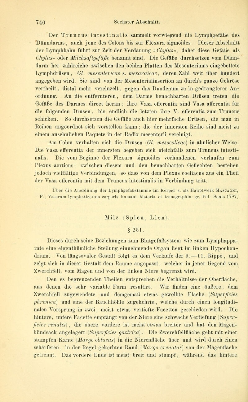 Der Truncus intestinalis sammelt vorwiegend die Lymphgefäße des l)ünndarms , auch jene des Colons bis zur Flexura sigmoides Dieser Abschnitt der Lymphbahn führt zur Zeit der Verdauung ^)Chylusu, daher diese Gefäße als Chylus- oder Milchsaftgefäße benannt sind. Die Gefäße durchsetzen vom Dünn- darm her zahlreiche zwischen den beiden Platten des Mesenteriums eingebettete Lymphdrüsen, Gl. mesentericae 8. mesaraicae, deren Zahl weit über hundert angegeben wird. Sie sind von der Mesenterialinsertion an durch's ganze Gekröse vertheilt, distal mehr vereinzelt, gegen das Duodenum zu in gedrängterer An- ordnung. An die entfernteren, dem Darme benachbarten Drüsen treten die Gefäße des Darmes direct heran; ihre Vasa eflferentia sind Vasa afferentia für die folgenden Drüsen, bis endlich die letzten ihre V. efferentia zum Truncus schicken. So durchsetzen die Gefäße auch hier mehrfache Drüsen, die man in Eeihen angeordnet sich vorstellen kann; die der innersten Reihe sind meist zu einem ansehnlichen Paquete in der Radix mesenterii vereinigt. Am Colon verhalten sich die Drüsen [Gl. mesocolicae) in ähnlicher Weise. Die Vasa efferentia der innersten begeben sich gleichfalls zum Truncus intesti- nalis. Die vom Beginne der Flexura sigmoides vorhandenen verlaufen zum Plexus aorticus; zwischen diesem und den benachbarten Geflechten bestehen jedoch vielfältige Verbindungen, so dass von dem Plexus coeliacus aus ein Theil der Vasa eflferentia mit dem Truncus intestinalis in Verbindung tritt. Über die Anordnung der Lymphgefäßstämme im Körper s. als Hauptwerk Mascagni, P., Vasorum lympliaticorum corporis humani historia et iconographia. gr. Fol. Senis 1787. Milz (Spien, Lien). §251. Dieses durch seine Beziehungen zum Blutgefäßsystem wie zum Lymphappa- rate eine eigenthümliche Stellung einnehmende Organ liegt im linken Hypochon- drium. Von längsovaler Gestalt folgt es dem Verlaufe der 9.—11. Rippe, und zeigt sich in dieser Gestalt dem Räume angepasst, welcher in jener Gegend vom Zwerchfell, vom Magen und von der linken Niere begrenzt wird. Den es begrenzenden Theilen entsprechen die Verhältnisse der Oberfläche, aus denen die sehr variable Form resultirt. Wir finden eine äußere, dem Zwerchfell zugewendete und demgemäß etwas gewölbte Fläche [Superficies phrefiica) und eine der Bauchhöhle zugekehrte, welche durch einen longitudi- nalen Vorsprung in zwei, meist etwas vertiefte Facetten geschieden wird. Die hintere, untere Facette empfängt von der Niere eine schwache Vertiefung (Super- ficies renalis) , die obere vordere ist meist etwas breiter und hat den Magen- blindsack angelagert [Superficies gastrica]. Die Zwerchfellfläche geht mit einer stumpfen Kante [Margo obtusus) in die Nierenfläche über und wird durch einen schärferen, in der Regel gekerbten Rand [Margo crenatus) von der Magenfläche getrennt. Das vordere Ende ist meist breit und stumpf, während das hintere