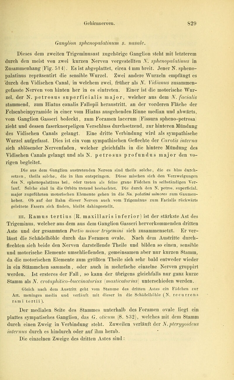 Ganglion sphenopalatinum s. nasale. Dieses dem zweiten Trigemiuusast zugehörige Ganglion steht mit letzterem durch den meist von zwei kurzen Nerven vorgestellten iV. sphenopalatimis in Zusammenhang (Fig. 514). Es ist abgeplattet, circa 4 mm breit. Jener N. spheuo- palatinus repräsentirt die sensible Wurzel. Zwei andere Wurzeln empfängt es 'durch den Vidischen Canal, in welchem zwei, früher als N. Vidianus zusammen- gefasste Nerven von hinten her in es eintreten. Einer ist die motorische Wur- zel, der N. petrosus superficialis major, welcher aus dem _A^. facialis stammend, zum Hiatus canalis Fallopii heraustritt, an der vorderen Fläche der Felsenbeinpyramide in einer vom Hiatus ausgehenden Rinne median und abwärts, vom Ganglion Gasseri bedeckt, zum Foramen lacerum (Fissura spheno-petrosa) zieht und dessen faserknorpeligen Verschluss durchsetzend, zur hinteren Mündung des Vidischen Canals gelangt. Eine dritte Verbindung wird als sympathische Wurzel aufgefasst. Dies ist ein vom sympathischen Geflechte der Carotis interna sich ablösender Nervenfaden, welcher gleichfalls in die hintere Mündung des Vidischen Canals gelangt und als N. petrosus profundus major den vo- rigen begleitet. Die aus dem Ganglion austretenden Nerven sind theils solclie, die es blos durch- setzen, tlieils solche, die in ihm entspringen. Diese mischen sich den Verzweigungen des N. sphenopalatinus bei, oder treten als feine graue Tädchen in selbständigen Ver- lauf. Solche sind in die Orbita tretend beobachtet. Die durch den N. petros. superficial, major zugeführten motorischen Elemente gehen in die Nn. palatini minores zum Gaumen- heber. Ob auf der Bahn dieser Nerven auch vom Trigeminus zum Facialis rückwärts geleitete Fasern sich finden, bleibt dahingestellt. ui. Ramus tertius (R. maxillaris inferior) ist der stärkste Ast des Trigeminus, welcher aus dem aus dem Ganglion Gasseri hervorkommenden dritten Aste und der gesammten Portio minor trigemini sich zusammensetzt. Er ver- lässt die Schädelhöhle durch das Foramen ovale. Nach dem Austritte durch- flechten sich beide den Nerven darstellende Theile und bilden so einen, sensible und motorische Elemente umschließenden, gemeinsamen aber nur kurzen Stamm, da die motorischen Elemente zum größten Theile sich sehr bald entweder wieder in ein Stämmchen sammeln, oder auch in mehrfache einzelne Nerven gruppirt werden. Ist ersteres der Fall, so kann der übrigens gleichfalls nur ganz kurze Stamm als N. crotaphitico-huccinatorius [masticatorius] unterschieden werden. Gleich nach dem Austritt geht vom Stamme des dritten Astes ein Fädchen zur Art. meningea media vmd verläuft mit dieser in die Schädelhöhle (N. recurrens rami tertii). Der medialen Seite des Stammes unterhalb des Foramen ovale liegt ein plattes sympatisches Ganglion, das G. oticum (S. 832), welches mit dem Stamm durch einen Zweig in Verbindung steht. Zuweilen Yerlänü der N.pterygoideus internus durch es hindurch oder auf ihm herab. Die einzelnen Zweite des dritten Astes sind: