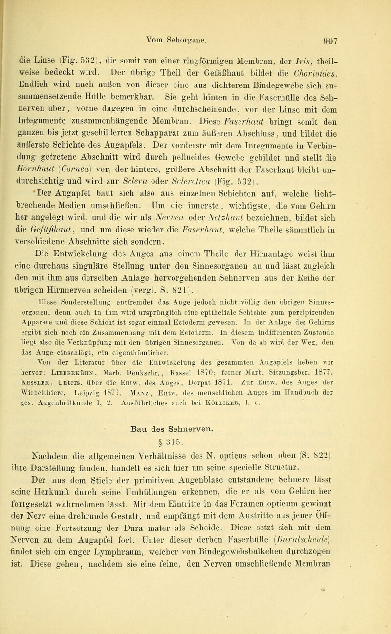 die Linse (Fig. 532), die somit von einer ringförmigen Membran, der Iris, theil- weise bedeckt wird. Der übrige Theil der Gefäßhaut bildet die Chorioides. Endlich wird nach außen von dieser eine aus dichterem Bindegewebe sich zu- sammensetzende Hülle bemerkbar. Sie geht hinten in die Faserhülle des Seh- nerven über, vorne dagegen in eine durchscheinende, vor der Linse mit dem Integumente zusammenhängende Membran. Diese Faserhaut bringt somit den ganzen bis jetzt geschilderten Sehapparat zum äußeren Abschluss, und bildet die äußerste Schichte des Augapfels. Der vorderste mit dem Integumente in Verbin- dung getretene Abschnitt wird durch pellucides Gewebe gebildet und stellt die Hornhaut (Cornea) vor, der hintere, größere Abschnitt der Faserhaut bleibt un- durchsichtig und wird zur Sclera oder Sclerotica (Fig. 532). Der Augapfel baut sich also aus einzelnen Schichten auf, welche licht- brechende Medien umschließen. Um die innerste, wichtigste, die vom Gehirn her angelegt wird, und die wir als Nervea oder Netshaut bezeichnen, bildet sich die Gefäßhaut, und um diese wieder die Faserhaut, welche Theile sämmtlich in verschiedene Abschnitte sich sondern. Die Entwickelung des Auges aus einem Theile der Hirnanlage weist ihm eine durchaus singulare Stellung unter den Sinnesorganen an und lässt zugleich den mit ihm aus derselben Anlage hervorgehenden Sehnerven aus der Reihe der übrigen Hirnnerven scheiden (vergl. S. 821). Diese Sonderstellung entfremdet das Auge jedoch nicht TÖllig den ührigen Sinnes- organen, denn auch in ihm wird ursprünglich eine epitheliale Schichte zum percipirenden Apparate und diese Schicht ist sogar einmal Ectoderm gewesen. In der Anlage des Gehirns ergiht sich noch ein Zusammenhang mit dem Ectoderm. In diesem indifferenten Zustande liegt also die Verknüpfung mit den übrigen Sinnesorganen. Von da ab wird der Weg, den das Auge einschlägt, ein eigenthümlicher. Von der Literatur über die Entwickelung des gesammten Augapfels heben wir hervor: Liebeekühn, Marb. Denkschr. , Kassel 1870; ferner Marb. Sitzungsber. 1877. Kesslee, Unters, über die Entw. des Auges, Dorpat 1871. Zur Entw. des Auges der Wirbelthiere. Leipzig 1877. Manz , Entw. des menschlichen Auges im Handbuch der ges. Augenheilkunde I, 2. Ausführliches auch bei Köllikee, 1. c. Bau des Sehnerven. § 315. Nachdem die allgemeinen Verhältnisse des N. opticus schon oben (S. 822) ihre Darstellung fanden, handelt es sich hier um seine specielle Structur. Der aus dem Stiele der primitiven Augenblase entstandene Sehnerv lässt seine Herkunft durch seine Umhüllungen erkennen, die er als vom Gehirn her fortgesetzt wahrnehmen lässt. Mit dem Eintritte in das Foramen opticum gewinnt der Nerv eine drehrunde Gestalt, und empfängt mit dem Austritte aus jener Öff- nung eine Fortsetzung der Dura mater als Scheide. Diese setzt sich mit dem Nerven zu dem Augapfel fort. Unter dieser derben Faserhülle [Duralscheide] findet sich ein enger Lymphraum, welcher von Bindegewebsbälkchen durchzogen ist. Diese gehen, nachdem sie eine feine, den Nerven umschließende Membran