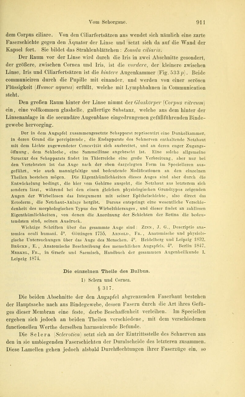 dem Corpus ciliare. Von den Ciliarfortsätzen aus wendet sich nämlicli eine zarte Faserschichte gegen den Äquator der Linse und setzt sich da auf die Wand der Kapsel fort. Sie bildet das Strahlenblättchen : Zonula ciliaris. Der Raum vor der Linse wird durch die Iris in zwei Abschnitte gesondert, der größere, zwischen Cornea und Iris, ist die vordere, der kleinere zwischen Linse, Iris und Ciliarfortsätzen ist die hintere Augenkammer (Fig. 533 p). Beide communiciren durch die Pupille mit einander, und werden von einer serösen Flüssigkeit [Humor aqueus) erfüllt, welche mit Lymphbahnen in Communication steht. Den großen Raum hinter der Linse nimmt der Glaskörper [Corpus vitreum) ein, eine vollkommen glashelle, gallertige Substanz, welche aus dem hinter der Linsenanlage in die secundäre Augenblase eingedrungenen gefäßführenden Binde- gewebe hervorging. Der in dem Augapfel zusammengesetzte Sehapparat repräsentirt eine Dunkelkammer, in deren Grund die percipirende, die Endapparate des Sehnerven enthaltende Netzhaut mit dem Lichte zugewendeter Concavität sich ausbreitet, und an deren enger Zugangs- öffnung , dem Sehloche, eine Sammellinse angebracht ist. Eine solche allgemeine Structur des Sehapparats findet im Thierreiche eine große Verbreitung, aber nur bei den Veitebraten ist das Auge nach der oben dargelegten Form im Specielleren aus- geführt, wie auch mannigfaltige und bedeutende Modiflcationen an den einzelnen Theilen bestehen mögen. Die Eigenthümlichkeiten dieses Auges sind aber durch die Entwickelung bedingt, die hier vom Gehirne ausgeht, die Netzhaut aus letzterem sich sondern lässt, während bei den einen gleichen physiologischen Grundtypus zeigenden Augen der Wirbellosen das Integument mit seiner Epithelschichte, also direct das Ectoderm, die Netzhaut-Anlage hergibt. Daraus entspringt eine wesentliche Verschie- denheit des morphologischen Typus des Wirbelthierauges, und dieser findet an zahllosen Eigenthümlichkeiten, von denen die Anordnung der Schichten der Eetina die bedeu- tendsten sind, seinen Ausdruck. Wichtige Schriften über das gesammte Auge sind: Zinn, J. G., Descriptio ana- tomica oculi humani. 4°. Göttingen 1755. Arnold, Fr. , Anatomische und physiolo- gische Untersuchungen über das Auge des Menschen. 4°. Heidelberg und Leipzig 1832. Brücke , E. , Anatomische Beschreibung des menschlichen Augapfels. 4°. Berlin 1847. Merkel, Fr., in Graefe und Saemisch, Handbuch der gesammten Augenheilkunde I. Leipzig 1874. Die einzelnen Theile des Bulbus. 1) Sclera und Cornea. §317. Die beiden Abschnitte der den Augapfel abgrenzenden Faserhaut bestehen der Hauptsache nach aus Bindegewebe, dessen Fasern durch die Art ihres Gefü- ges dieser Membran eine feste, derbe Beschaffenheit verleihen. Im Speciellen ergeben sich jedoch an beiden Theilen verschiedene, mit dem verschiedenen functionellen Werthe derselben harmonirende Befunde. Die Sclera [Sderotica] setzt sich an der Eintrittsstelle des Sehnerven aus den in sie umbiegenden Faserschichten der Duralscheide des letzteren zusammen. Diese Lamellen gehen jedoch alsbald Durchflechtuugen ihrer Faserzüge ein, so