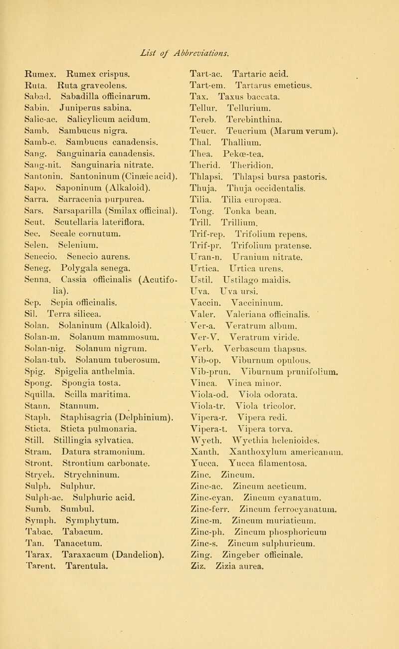 Rumex. Rumex crispus. Ruta. Ruta graveolens. Sabad. Sabadilla officinarura. Sabin. Juniperus sabina. Salic-ac. Salicylicum acidum. Sanib. Sambucus nigra. Sanib-c. Sambucus canadensis. Sang. Sanguinaria canadensis. Saiig-nit. Sanguinaria nitrate. Santonin. Santoninuni (Cinseic acid). Sapo. Saponinum (Alkaloid). Sarra. Sarracenia purpurea. Sars. Sarsaparilla (Smilax officinal). Scut. Scutellaria lateriflora. Sec. Secale cornutum. Selen. Selenium. Senecio. Senecio aurens. Seneg. Polygala senega. Senna. Cassia officinalis (Acutifo- lia). Sep. Sej)ia officinalis. Sil. Terra silicea. Solan. Solaninum (Alkaloid). Solan-m. Solanum mammosura. Solan-nig. Solanum nigrum. Solan-tub. Solanum tuberosum. Spig. Spigelia anthelmia. Spong, Spongia tosta. Squilla. Scilla maritima. Stann. Stannum. Staph. Staphisagria (Delphinium). Sticta. Sticta pulmonaria. Still. Stillingia sylvatica. Stram. Datura stramonium. Stront. Strontium carbonate. Strj^cb. Strychninum. Sulph. Sulphur. Sulph-ac. Sulphuric acid. Surab. Sumbul. Symph. Symphytum, ^rabac. Tabacum. Tan. Tanacetum. Tarax. Taraxacum (Dandelion). Tarent. Tarentula. Tart-ac. Tartaric acid. Tart-em. Tartarus emeticus. Tax. Taxus baccata. Tellur. Tellurium. Tereb. Terebinthina. Teucr. Teucrium (Marum verum). Thai. Thallium. Thea. Pekoe-tea. Tlierid. Tlieridion. Thlapsi. Thlapsi bursa pastoris. Thuja. Thuja occidentalis. Tilia. Tilia europaea. Tong. Tonka bean. Trill. Trillium. Trif-rep. Trifolium repens. Tri£-pr. Trifolium pratense. Uran-n. Uranium nitrate. Urtica. TJrtica urens. Ustil. Ustilago maidis. Uva. Uva ursi. Vaccin. Vaccininum. Valer. Valeriana officinalis. Ver-a. Yeratrum album. Ver-V. Veratrum viride. Verb. Verbascum thapsus. Vib-op. Viburnum opulous. Vib-prun. Viburnum prunifoli.um. Vinca. Vinca minor. Viola-od. Viola odorata. Viola-ti. Viola tricolor. Vipera-r. Vipera redi. Vipera-t. Vipera torva. Wyeth. Wyethia helenioides. Xanth, Xanthoxylum americanaui. Yucca. Yucca filamentosa. Zinc. Zincum. Zinc-ac. Zincum aceticum. Zinc-cyan. Zincum cyanatum. Zinc-ferr. Zincum ferrocyauatum. Zinc-m. Zincum muriaticum. Zinc-ph. Zincum phosphoricum Zinc-s. Zincum sulphuricum. Zing. Zingeber officinale. Ziz. Zizia aurea.