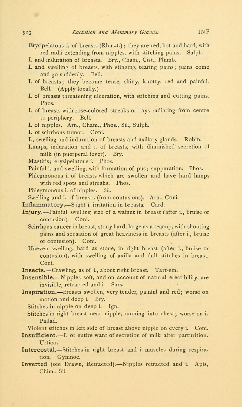 Erysipelatous i. of breasts (Rhus-t.); they are red, hot and hard, with red radii extending from nipples, with stitching pains. Sulph. I. and induration of breasts. Bry., Cham., Cist., Plumb. I. and swelling of breasts, with stinging, tearing pains; pains come and go suddenly. Bell. I. of breasts; they become tense, shiny, knotty, red and painful. Bell. (Apply locally.) I. of breasts threatening ulceration, with stitching and cutting pains. Phos. I. of breasts with rose-colored streaks or rays radiating from centre to periphery. Bell. I. of nipples. Arm, Cham., Phos., Sil., Sulph. I. of scirrhous tumor. Coni. I., swelling and induration of breasts and axillary glands. Robin. Lumps, induration and i. of breasts, with diminished secretion of milk (in puerperal fever). Bry. Mastitis; erysipelatous i. Phos. Painful i. and swelling, with formation of pus; suppuration. Phos. Phlegmonous i. of breasts which are swollen and have hard lumps with red spots and streaks. Phos. Phlegmonous i. of nipples. Sil. Swelling and i. of breasts (from contusions). Am., Coni. Inflammatory.—Slight i. irritation in breasts. Card. Injury.—Painful swelling size of a walnut in breast (after i., bruise or contusion). Coni. Scirrhous cancer in breast, stony hard, large as a teacup, with shooting pains and sensation of great heaviness in breasts (after i., bruise or contusion). Coni. v Uneven swelling, hard as stone, in right breast (after i., bruise or contusion), with swelling of axilla and dull stitches in breast. Coni. Insects.—Crawling, as of i., about right breast. Tart-em. Insensible.—Nipples soft, and on account of natural erectibility, are invisible, retracted and i. Sars. Inspiration.—Breasts swollen, very tender, painful and red; worse on motion and deep i. Bry. Stitches in nipple on deep i. Ign. Stitches in right breast near nipple, running into chest; worse on i. Pallad. Violent stitches in left side of breast above nipple on every i. Coni. Insufficient.—I. or entire want of secretion of milk after parturition. Urtica. Intercostal.—Stitches in right breast and i. muscles during respira- tion. Gymnoc. Inverted (see Drawn, Retracted).—Nipples retracted and i. Apis, Chim., Sil.