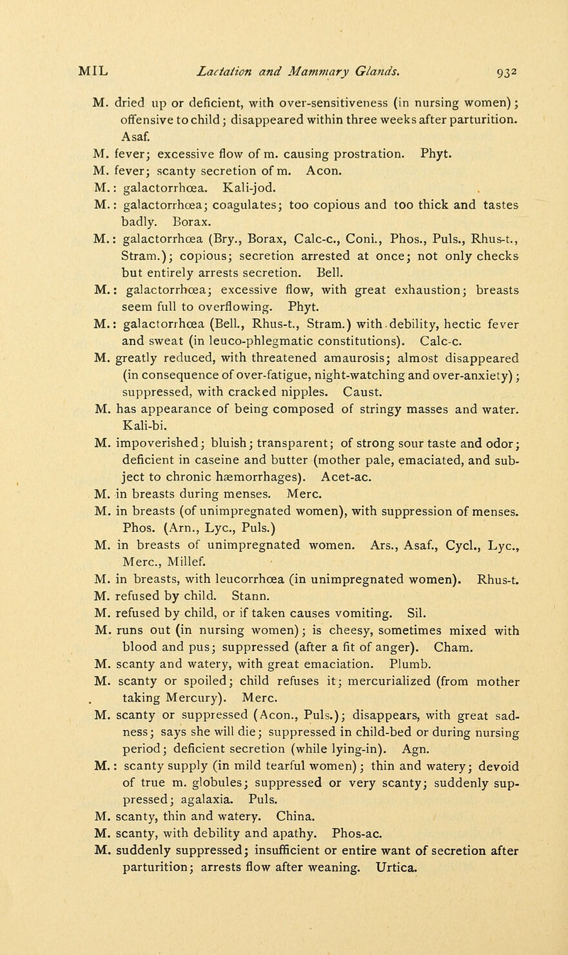 M. dried up or deficient, with over-sensitiveness (in nursing women); offensive to child; disappeared within three weeks after parturition. Asaf. M. fever; excessive flow of m. causing prostration. Phyt. M. fever; scanty secretion of m. Aeon. M.: galactorrhea. Kali-jod. M.: galactorrhea; coagulates; too copious and too thick and tastes badly. Borax. M.: galactorrhoea (Bry., Borax, Calc-c, Coni., Phos., Puis., Rhus-t., Stram.); copious; secretion arrested at once; not only checks but entirely arrests secretion. Bell. M.: galactorrhoea; excessive flow, with great exhaustion; breasts seem full to overflowing. Phyt. M.: galactorrhoea (Bell., Rhus-t., Stram.) with.debility, hectic fever and sweat (in leuco-phlegmatic constitutions). Calc-c. M. greatly reduced, with threatened amaurosis; almost disappeared (in consequence of over-fatigue, night-watching and over-anxiety) ; suppressed, with cracked nipples. Caust. M. has appearance of being composed of stringy masses and water. Kali-bi. M. impoverished; bluish; transparent; of strong sour taste and odor; deficient in caseine and butter (mother pale, emaciated, and sub- ject to chronic haemorrhages). Acet-ac. M. in breasts during menses. Merc. M. in breasts (of unimpregnated women), with suppression of menses. Phos. (Arn., Lye, Puis.) M. in breasts of unimpregnated women. Ars., Asaf., Cycl., Lye, Merc, Millef. M. in breasts, with leucorrhoea (in unimpregnated women). Rhus-t. M. refused by child. Stann. M. refused by child, or if taken causes vomiting. Sil. M. runs out (in nursing women); is cheesy, sometimes mixed with blood and pus; suppressed (after a fit of anger). Cham. M. scanty and watery, with great emaciation. Plumb. M. scanty or spoiled; child refuses it; mercurialized (from mother taking Mercury). Merc. M. scanty or suppressed (Aeon., Puis.); disappears, with great sad- ness; says she will die; suppressed in child-bed or during nursing period; deficient secretion (while lying-in). Agn. M.: scanty supply (in mild tearful women); thin and watery; devoid of true m. globules; suppressed or very scanty; suddenly sup- pressed; agalaxia. Puis. M. scanty, thin and watery. China. M. scanty, with debility and apathy. Phos-ac. M. suddenly suppressed; insufficient or entire want of secretion after parturition; arrests flow after weaning. Urtica.