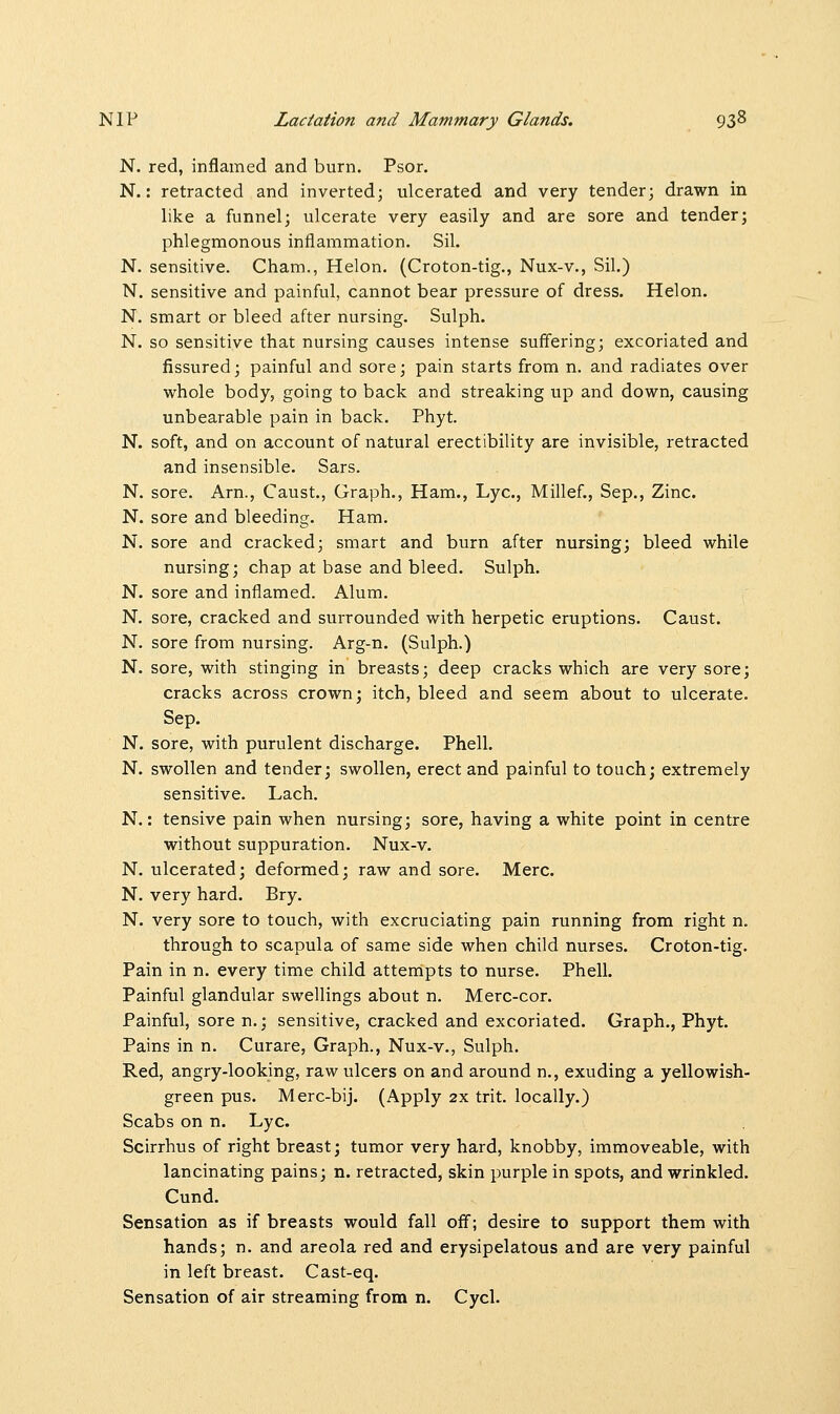 N. red, inflamed and burn. Psor. N.: retracted and inverted; ulcerated and very tender; drawn in like a funnel; ulcerate very easily and are sore and tender; phlegmonous inflammation. Sil. N. sensitive. Cham., Helon. (Croton-tig., Nux-v., Sil.) N. sensitive and painful, cannot bear pressure of dress. Helon. N. smart or bleed after nursing. Sulph. N. so sensitive that nursing causes intense suffering; excoriated and fissured; painful and sore; pain starts from n. and radiates over whole body, going to back and streaking up and down, causing unbearable pain in back. Phyt. N. soft, and on account of natural erectibility are invisible, retracted and insensible. Sars. N. sore. Arn., Caust., Graph., Ham., Lye, Millef., Sep., Zinc. N. sore and bleeding. Ham. N. sore and cracked; smart and burn after nursing; bleed while nursing; chap at base and bleed. Sulph. N. sore and inflamed. Alum. N. sore, cracked and surrounded with herpetic eruptions. Caust. N. sore from nursing. Arg-n. (Sulph.) N. sore, with stinging in breasts; deep cracks which are very sore; cracks across crown; itch, bleed and seem about to ulcerate. Sep. N. sore, with purulent discharge. Phell. N. swollen and tender; swollen, erect and painful to touch; extremely sensitive. Lach. N.: tensive pain when nursing; sore, having a white point in centre without suppuration. Nux-v. N. ulcerated; deformed; raw and sore. Merc. N. very hard. Bry. N. very sore to touch, with excruciating pain running from right n. through to scapula of same side when child nurses. Croton-tig. Pain in n. every time child attempts to nurse. Phell. Painful glandular swellings about n. Merc-cor. Painful, sore n.; sensitive, cracked and excoriated. Graph., Phyt. Pains in n. Curare, Graph., Nux-v., Sulph. Red, angry-looking, raw ulcers on and around n., exuding a yellowish- green pus. Merc-bij. (Apply 2x trit. locally.) Scabs on n. Lye. Scirrhus of right breast; tumor very hard, knobby, immoveable, with lancinating pains; n. retracted, skin purple in spots, and wrinkled. Cund. Sensation as if breasts would fall off; desire to support them with hands; n. and areola red and erysipelatous and are very painful in left breast. Cast-eq. Sensation of air streaming from n. Cycl.