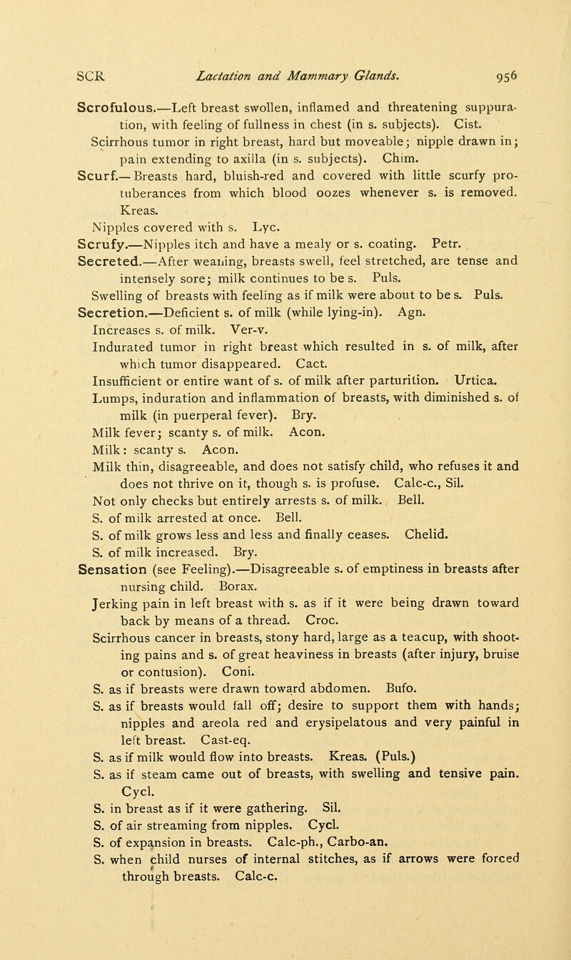 Scrofulous.—Left breast swollen, inflamed and threatening suppura- tion, with feeling of fullness in chest (in s. subjects). Cist. Scirrhous tumor in right breast, hard but moveable; nipple drawn in; pain extending to axilla (in s. subjects). Chim. Scurf.—Breasts hard, bluish-red and covered with little scurfy pro- tuberances from which blood oozes whenever s. is removed. Kreas. Nipples covered with s. Lye. Scrufy.—Nipples itch and have a mealy or s. coating. Petr. Secreted.—After weaning, breasts swell, feel stretched, are tense and intensely sore; milk continues to be s. Puis. Swelling of breasts with feeling as if milk were about to be s. Puis. Secretion.—Deficient s. of milk (while lying-in). Agn. Increases s. of milk. Ver-v. Indurated tumor in right breast which resulted in s. of milk, after which tumor disappeared. Cact. Insufficient or entire want of s. of milk after parturition. Urtica. Lumps, induration and inflammation of breasts, with diminished s. of milk (in puerperal fever). Bry. Milk fever; scanty s. of milk. Aeon. Milk: scanty s. Aeon. Milk thin, disagreeable, and does not satisfy child, who refuses it and does not thrive on it, though s. is profuse. Calc-c, Sil. Not only checks but entirely arrests s. of milk. Bell. S. of milk arrested at once. Bell. S. of milk grows less and less and finally ceases. Chelid. S. of milk increased. Bry. Sensation (see Feeling).—Disagreeable s. of emptiness in breasts after nursing child. Borax. Jerking pain in left breast with s. as if it were being drawn toward back by means of a thread. Croc. Scirrhous cancer in breasts, stony hard, large as a teacup, with shoot- ing pains and s. of great heaviness in breasts (after injury, bruise or contusion). Coni. S. as if breasts were drawn toward abdomen. Bufo. S. as if breasts would fall off; desire to support them with hands; nipples and areola red and erysipelatous and very painful in left breast. Cast-eq. S. as if milk would flow into breasts. Kreas. (Puis.) S. as if steam came out of breasts, with swelling and tensive pain. Cycl. S. in breast as if it were gathering. Sil. S. of air streaming from nipples. Cycl. S. of expansion in breasts. Calc-ph., Carbo-an. S. when child nurses of internal stitches, as if arrows were forced through breasts. Calc-c.