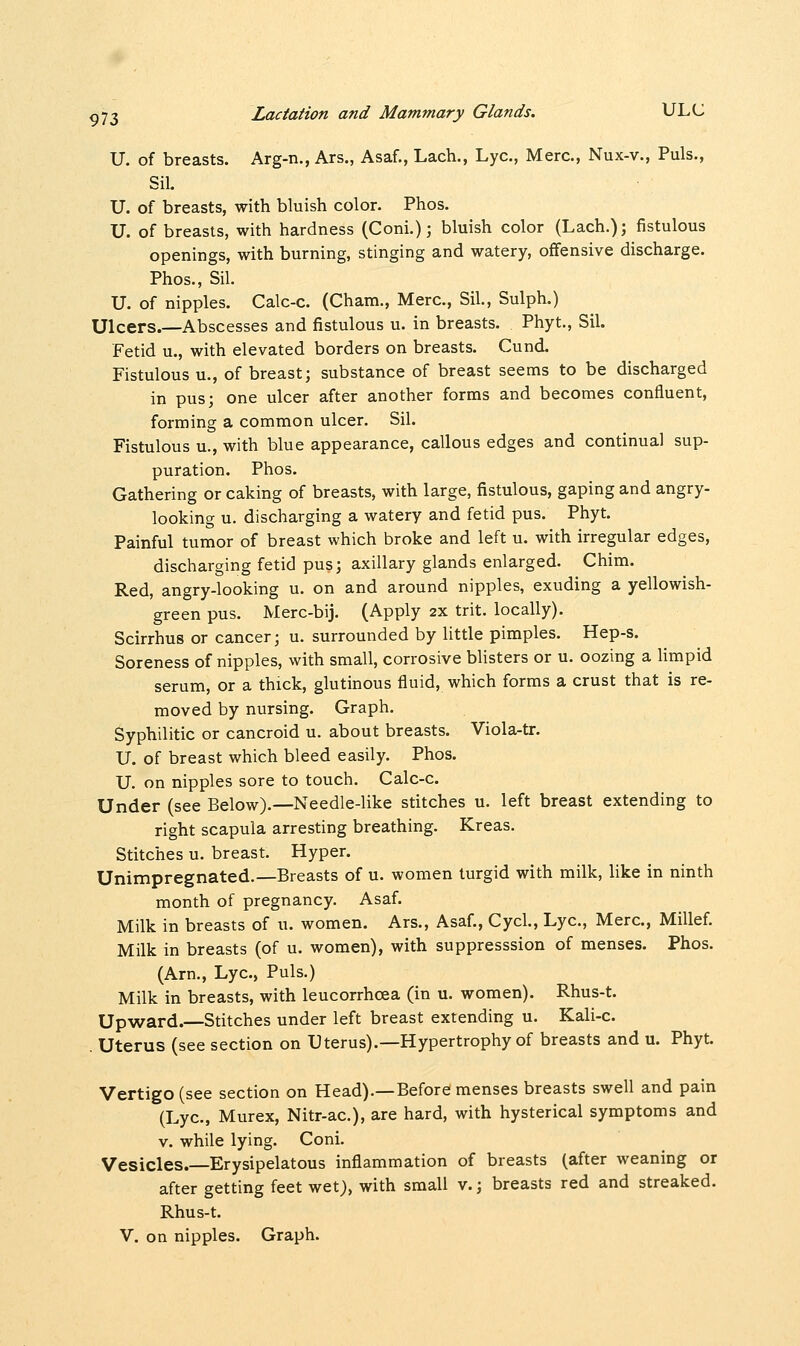 U. of breasts. Arg-n., Ars., Asaf., Lach., Lye, Merc, Nux-v., Puis., Sil. U. of breasts, with bluish color. Phos. U. of breasts, with hardness (Coni.); bluish color (Lach.); fistulous openings, with burning, stinging and watery, offensive discharge. Phos., Sil. U. of nipples. Calc-c. (Cham., Merc, Sil., Sulph.) Ulcers.—Abscesses and fistulous u. in breasts. Phyt., Sil. Fetid u., with elevated borders on breasts. Cund. Fistulous u., of breast; substance of breast seems to be discharged in pus; one ulcer after another forms and becomes confluent, forming a common ulcer. Sil. Fistulous u., with blue appearance, callous edges and continual sup- puration. Phos. Gathering or caking of breasts, with large, fistulous, gaping and angry- looking u. discharging a watery and fetid pus. Phyt. Painful tumor of breast which broke and left u. with irregular edges, discharging fetid pus; axillary glands enlarged. Chim. Red, angry-looking u. on and around nipples, exuding a yellowish- green pus. Merc-bij. (Apply 2X trit. locally). Scirrhus or cancer; u. surrounded by little pimples. Hep-s. Soreness of nipples, with small, corrosive blisters or u. oozing a limpid serum, or a thick, glutinous fluid, which forms a crust that is re- moved by nursing. Graph. Syphilitic or cancroid u. about breasts. Viola-tr. U. of breast which bleed easily. Phos. U. on nipples sore to touch. Calc-c. Under (see Below).—Needle-like stitches u. left breast extending to right scapula arresting breathing. Kreas. Stitches u. breast. Hyper. Unimpregnated.—Breasts of u. women turgid with milk, like in ninth month of pregnancy. Asaf. Milk in breasts of u. women. Ars., Asaf., Cycl., Lye, Merc, Millef. Milk in breasts (of u. women), with suppresssion of menses. Phos. (Arn., Lye, Puis.) Milk in breasts, with leucorrhoea (in u. women). Rhus-t. Upward.—Stitches under left breast extending u. Kali-c. . Uterus (see section on Uterus).—Hypertrophy of breasts and u. Phyt. Vertigo (see section on Head).—Before menses breasts swell and pain (Lye, Murex, Nitr-ac), are hard, with hysterical symptoms and v. while lying. Coni. Vesicles.—Erysipelatous inflammation of breasts (after weaning or after getting feet wet), with small v.; breasts red and streaked. Rhus-t.
