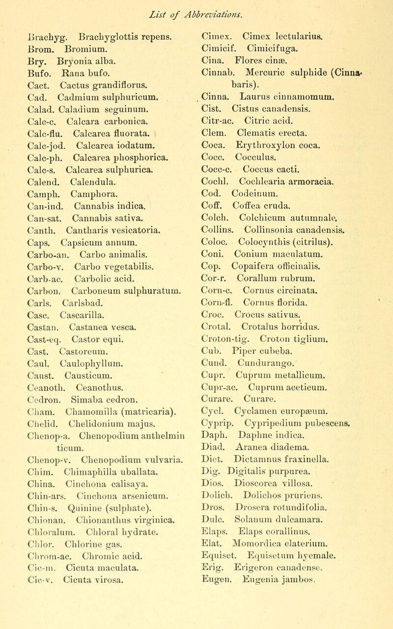 Bi-achyg. Brachyglottis repens. Brom. Bromium. Bry. Bryonia alba. Bufo. Rana bufo. Cact. Cactus grandiflorus. Cad. Cadmium sulphuricum. , Calad. Caladium seguinum. Calc-c. Calcara carbonica. Calc-flu. Calcarea fluorata. Calc-jod. Calcarea iodatum. Calc-ph. Calcarea pliosphorica. Calc-s. Calcarea sulphurica. Calend. Calendula. Camph. Camphora. Can-ind. Cannabis indica. Can-sat. Cannabis sativa. Canth. Cantharis vesicatoria. Caps. Capsicum annum. Carbo-an. Carbo animalis. Carbo-v. Carbo vegetabilis. Carb-ac. Carbolic acid. Carbon. Carboneum sulpburatum. Carls. Carlsbad. Case. Cascarilla. Castaii. Castanea vesca. Cast-eq. Castor equi. Cast. Castoreum. Caul. Caulopbyllum. Caust. Causticum. Ceanoth. Ceanotlius. Cedron. Simaba cedron. Cham. Chamomilla (matricaria). Chelid. Chelidonium majus. Cbenop-a. Chenopodium anthelmin ticum. Chenop-v. Chenopodium vulvaria. Cliim. Cbimaphilla uballata. China. Cinchona calisaya. Chin-ars. Cinchona arsenicum. Chin-s. Quinine (sulphate). Chionan. Chionanthus virginica. Chloi-alum. Chloral hydrate. Clilor. Chlorine gas. Chrom-ac. Chromic acid. Cic-m. Cicuta maculata. Cic-v. Cicuta virosa. Cimex. Cimex lectulariua. Cimicif. Cimicifuga. Cina. Flores cinae. Cinnab. Mercuric sulphide (Cinna- baris). Cinna. Laurus cinnamomum. Cist. Cistus canadensis. Citr-ac. Citric acid. Clem. Clematis erecta. Coca. Erythroxylon coca. Cocc. Cocculus. Cocc-c. Coccus cacti. Cochl. Cochlearia armoracia. Cod. Codeinum. Coff. Coffea cruda. Colch. Colchicum^ autumnale. Collins. Collinsonia canadensis. Coloc. Colocynthis (citrilus). Coni. Conium maculatum. Cop. Copaifera officinalis. Cor-r. Corallum rubrum. Corn-c. Cornus circinata. Corn.-fl. Cornus florida. Croc. Crocus sativus. Crotal. Crotalus horridus. Croton-tig. Croton tiglium. Cub. Pij)er cubeba. Cund. Cundurango. Cupr. Cuprum metallicum. Cupr-ac. Cuprum aceticum. Curare. Curai'e. Cycl. Cyclamen europseuni. Cyprip. Cypripedium pubescens. Daph. Daphne indica. Diad. Aranea diadema. Diet. Dictamnus fraxinella. Dig. Digitalis purpurea. Dios. Dioscorea villosa. Dolich. Dolichos pruriens. Dros. Drosera rotundifolia. Dale. Solanum dulcamara. Elaps. Elaps corallinus, Elat. Momordica elaterium. Equiset. Equisetum hyemale. Erig. Erigeron canadense, Eugen. Eugenia jambos.