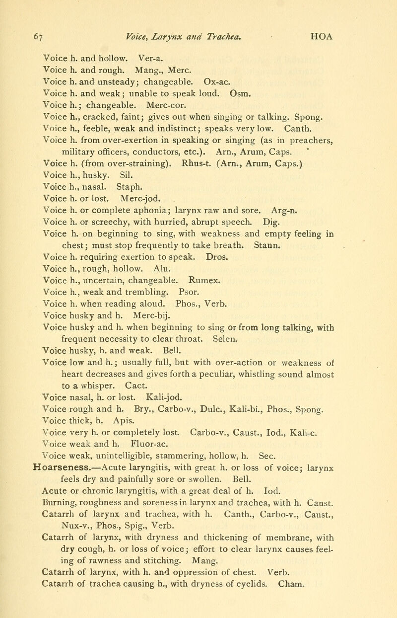 Voice h, and hollow. Ver-a. Voice h. and rough. Mang., Merc. Voice h. and unsteady; changeable. Ox-ac. Voice h. and weak; unable to speak loud. Osra. Voice h.; changeable. Merc-cor. Voice h., cracked, faint; gives out when singing or talking. Spong. Voice h., feeble, weak and indistinct; speaks very low. Canth. Voice h. from over-exertion in speaking or singing (as in preachers, military officers, conductors, etc.). Arn., Arum, Caps. Voice h. (from over-straining). Rhus-t. (Am., Arum, Caps.) Voice h., husky. Sil. Voice h., nasal. Staph. Voice h. or lost. Merc-jod. Voice h. or complete aphonia; larynx raw and sore. Arg-n. Voice h. or screechy, with hurried, abrupt speech. Dig. Voice h. on beginning to sing, with weakness and empty feeling in chest; must stop frequently to take breath. Stann. Voice h. requiring exertion to speak. Dros. Voice h., rough, hollow. Alu. Voice h., uncertain, changeable. Rumex. Voice h., weak and trembling. Psor. Voice h. when reading aloud. Phos., Verb. Voice husky and h. Merc-bij. Voice husky and h. when beginning to sing or from long talking, with frequent necessity to clear throat. Selen. Voice husky, h. and weak. Bell. Voice low and h.; usually full, but with over-action or weakness of heart decreases and gives forth a peculiar, whistling sound almost to a whisper. Cact. Voice nasal, h. or lost. Kali-jod. Voice rough and h. Bry., Carbo-v., Dulc, Kali-bi., Phos., Spong. Voice thick, h. Apis, Voice very h. or completely lost. Carbo-v., Caust., lod., Kali-c. Voice weak and h. Fluor-ac. Voice weak, unintelligible, stammering, hollow, h. Sec. Hoarseness.—Acute laryngitis, with great h. or loss of voice; larynx feels dry and painfully sore or swollen. Bell. Acute or chronic laryngitis, with a great deal of h. lod. Burning, roughness and soreness in larynx and trachea, with h. Caust. Catarrh of larynx and trachea, with h. Canth., Carbo-v., Caust., Nux-v., Phos., Spig., Verb. Catarrh of larynx, with dryness and thickening of membrane, with dry cough, h. or loss of voice; effort to clear larynx causes feel- ing of rawness and stitching, Mang. Catarrh of larynx, with h. and oppression of chest. Verb, Catarrh of trachea causing h., with dryness of eyelids. Cham.