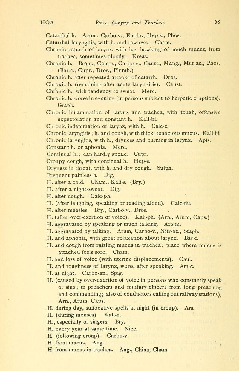Catarrhal h. Aeon., Carbo-v., Euphr., Hep-s., Phos. Catarrhal laryngitis, with h. and rawness. Cham. Chronic catarrh of larynx, with h.; hawking of much mucus, from trachea, sometimes bloody. Kreas. Chronic h. Brom., Calc-c, Carbo-v., Caust., Mang., Mur-ac, Phos. (Bar-c, Cupr., Dros., Plumb.) Chronic h. after repeated attacks of catarrh. Dros. Chronic h. (remaining after acute laryngitis). Caust. Chronic h., with tendency to sweat. Merc. Chronic h. worse in evening (in persons subject to herpetic eruptions). Graph. Chronic inflammation of larynx and trachea, with tough, offensive expectoiation and constant h. Kali-bi. Chronic inflammation of larynx, with h. Calc-c. Chronic laryngitis; h. and cough, with thick, tenacious mucus. Kali-bi. Chronic laryngitis, with h., dryness and burning in larynx. Apis. Constant h. or aphonia. Merc. Continual h.; can hardly speak. Cupr. Croupy cough, with continual h. Hep-s. Dryness in throat, with h. and dry cough. Sulph. Frequent painless h. Dig. H. after a cold. Cham., Kali-s. (Bry.) H. after a night-sweat. Dig. H. after cough. Calc-ph. H. (after laughing, speaking or reading aloud). Calc-flu. H. after measles. Bry., Carbo-v., Dros. H. (after over-exertion of voice). Kali-ph. (Arn., Arum, Caps.) H. aggravated by speaking or much talking. Arg-m. H. aggravated by talking. Arum, Carbo-v., Nitr-ac, Staph. H. and aphonia, with great relaxation about larynx. Bar-c. H. and cough from rattling mucus in trachea; place where mucus is attached feels sore. Cham. H. and loss of voice (with uterine displacements). Caul. H. and roughness of larynx, worse after speaking. Am-c. H. at night. Carbo-an., Spig. H. (caused by over-exertion of voice in persons who constantly speak or sing; in preachers and military officers from long preaching and commanding; also of conductors calling out railway stations). Am., Arum, Caps. H. during day, suffocative spells at night (in croup). Ars. H. (during menses). Kali-n. H., especially of singers. Bry. H. every year at same time. Nice. H. (following croup). Carbo-v. H. from mucus. Ang. ' \ H. from mucus in trachea. Ang., China, Cham.
