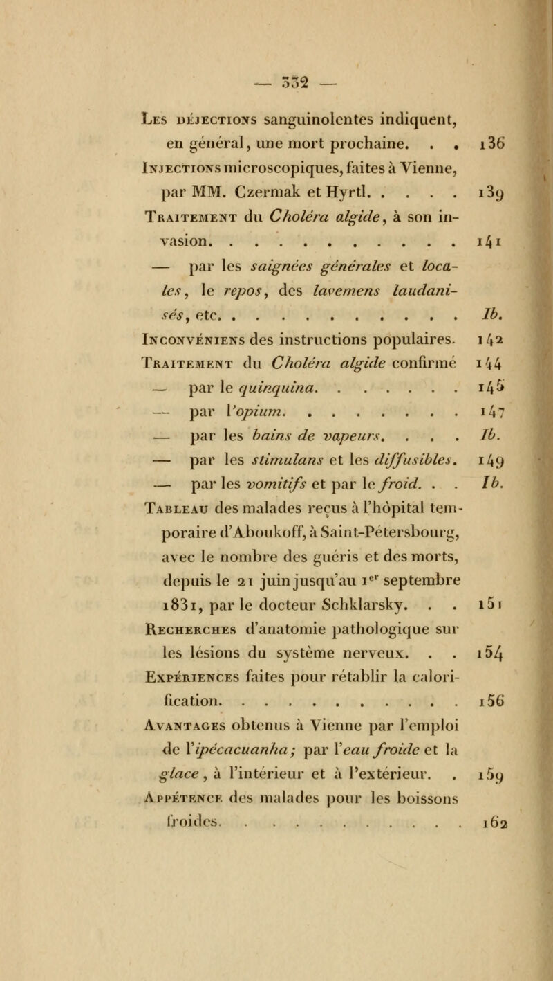 — Ô.*ï2 — Les déjections sanguinolentes indiquent, en général, une mort prochaine. . • i36 Injections microscopiques, faites à Vienne, par MM. Czermak et Hyrtl 139 Traitement du Choléra algide, à son in- vasion iiji — par les saignées générales et loca- les , le repos y des lavemens laudani- sés, etc Ib. Inconvéniens des instructions populaires. \l\i Traitement du Choléra algide confirmé 144 — par le quinquina 14& — par Y opium 147 — par les bains de vapeurs, . . . Ib. — par les stimulans et les diffusibles. i4y — par les vomitifs et par \e froid. . . Ib. Tableau des malades reçus à l'hôpital tem- poraire d'Aboukoff, à Saint-Pétersbourg, avec le nombre des guéris et des morts, depuis le 21 juin jusqu'au ier septembre 1831, par le docteur Schklarsky. . . 151 Recherches d'anatomie pathologique sur les lésions du système nerveux. . . 154 Expériences faites pour rétablir la calori- fication i56 Avantages obtenus à Vienne par l'emploi de X ipécacuanha ; par Y eau froide et la glace, à l'intérieur et à l'extérieur. . i5q ài'J'ktence des malades pour les boissons Croides 162