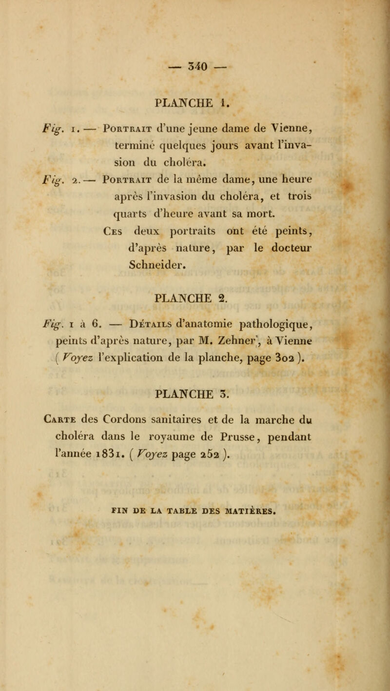 PLANCHE 1. Fig. i. — Portrait d'une jeune dame de Vienne, terminé quelques jours avant l'inva- sion du choléra. Fig. 2.— Portrait de la même dame, une heure après l'invasion du choléra, et trois quarts d'heure avant sa mort. Ces deux portraits ont été peints, d'après nature, par le docteur Schneider. PLANCHE 2. Fig. i à 6. — Détails d'anatomie pathologique, peints d'après nature, par M. Zehner', à Vienne ( Voyez l'explication de la planche, page 3o2 ). PLANCHE 3. Carte des Cordons sanitaires et de la marche du choléra dans le royaume de Prusse, pendant l'année i83i. ( Voyez page 2Ô2 ). FIN DE LA TABLE DES MATIERES.