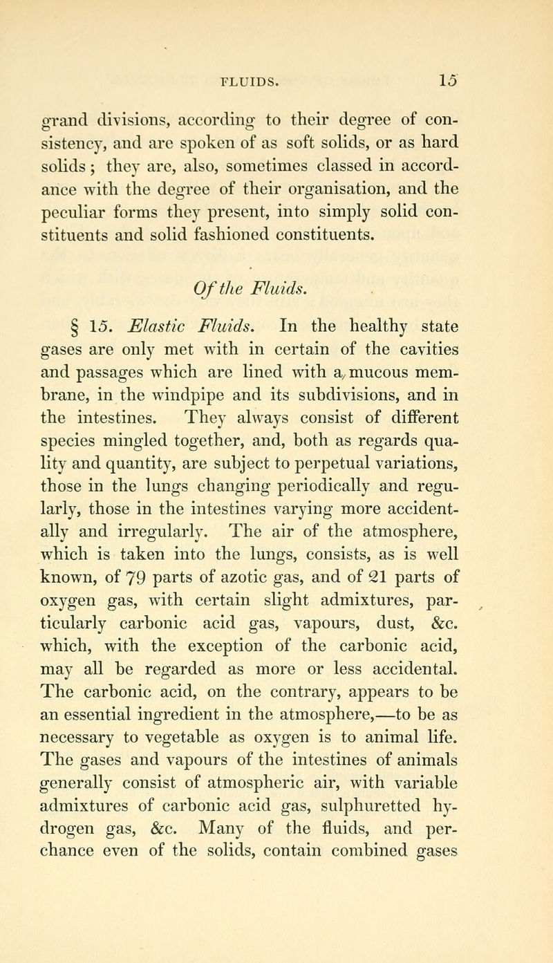 grand divisions, according to their degree of con- sistency, and are spoken of as soft solids, or as hard solids; they are, also, sometimes classed in accord- ance with the degree of their organisation, and the peculiar forms they present, into simply solid con- stituents and solid fashioned constituents. Of the Fluids. § 15. Elastic Fluids. In the healthy state gases are only met with in certain of the cavities and passages which are lined with a, mucous mem- brane, in the windpipe and its subdivisions, and in the intestines. They always consist of different species mingled together, and, both as regards qua- lity and quantity, are subject to perpetual variations, those in the lungs changing periodically and regu- larly, those in the intestines varying more accident- ally and irregularly. The air of the atmosphere, which is taken into the lungs, consists, as is well known, of 79 parts of azotic gas, and of 21 parts of oxygen gas, with certain slight admixtures, par- ticularly carbonic acid gas, vapours, dust, &c. which, with the exception of the carbonic acid, may all be regarded as more or less accidental. The carbonic acid, on the contrary, appears to be an essential ingredient in the atmosphere,—to be as necessary to vegetable as oxygen is to animal life. The gases and vapours of the intestines of animals generally consist of atmospheric air, with variable admixtures of carbonic acid gas, sulphuretted hy- drogen gas, &c. Many of the fluids, and per- chance even of the solids, contain combined gases