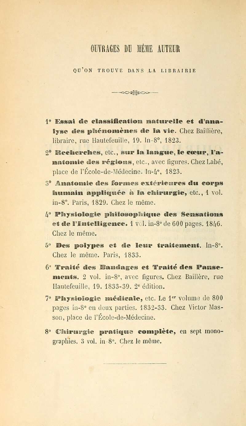 OUVRAGES BU MÊME AUTEUR QU ON TROUVE DANS LA LIBRAIRIE 1° lassai, ^e ela^ssiitleatloia ss^tsarelle et d'ana- lyse aSes plaésaoBsaèaseg âîe la ^le. Chez Baillière, libraire, rue liautefeuilie, 19. In-8°, 1823. 2** SSeclaes'claes, etc., ©tau la lasagaBe, le cceur, l'a- isatoisiie aies a'égioaas, elc, avec figures. Chez Labé, place de l'École-de-Médecine. În-Zi°, 1823. o Aisatoisaie «les fomaes esféa'ieaaa'es daa eorps laaaaaaaiai applispsée à la cMs^sargâe) etc., 1 vol. in-B. Paris, 1829. Chez le même. [i° S*l&ybiologie plail®3oplâi(|aae des ^esasations ®t de l'IasÉelligeiaee. 1 vol. in-8° de 600 pages. 1846. Chez le même. 6° lîe^ polypes et aie îeair traiteasacBst. In-8°. Chez le même. Paris, 1833. 6° Ta'aiié de© Haïadages et l^raité des Panse- aiaeaats. 2 vol. in-8°, avec figures. Chez Baillère, rue Hautefeuille, 19. 1833-39. 2= édition. 7° Play^loiffigie saaédieaîe, etc. Le 1 volume de 800 pages ia-8° en deux parties. 1832-33. Chez Victor Mas- son, place de l'École-de-Médecine. 8° CS&ia'aaa'gle pa^atlciBS© eoaaaplète, en sept mono- graphies. 3 vol. in-8°. Chez le même.