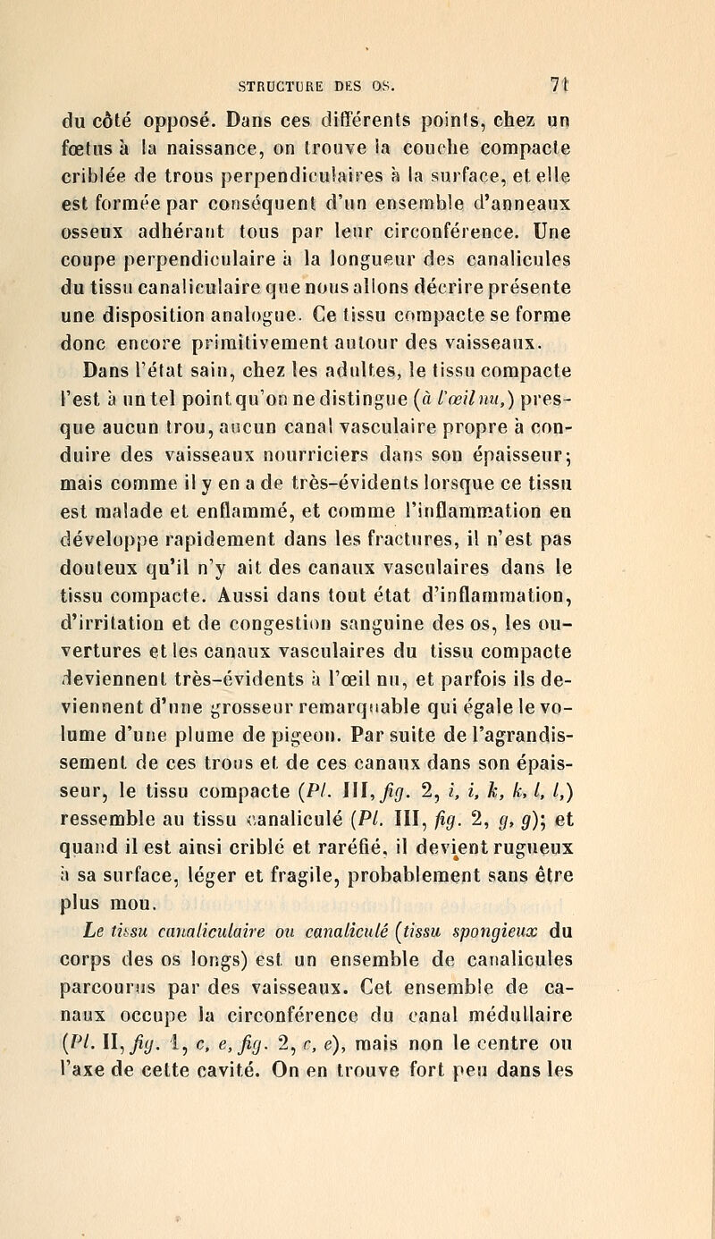 du côté opposé. Dans ces différents points, chez un fœtus à la naissance, on trouve la couche compacte criblée de trous perpendiculaires à la surface, et elle est formée par conséquent d'un ensemble d'anneaux osseux adhérant tous par leur circonférence. Une coupe perpendiculaire a la longueur des canalicules du tissu canaiiculaire que nous allons décrire présente une disposition analogue. Ce tissu compacte se forme donc encore primitivement autour des vaisseaux. Dans l'état sain, chez les adultes, le tissu compacte l'est à nn tel pointqu'on ne distingue (à/'œ/7?H/,) pres- que aucun trou, aucun canal vasculaire propre à con- duire des vaisseaux nourriciers dans son épaisseur; mais comme il y en a de très-évidents lorsque ce tissu est malade et enflammé, et comme l'inflammation en développe rapidement dans les fractures, il n'est pas douteux qu'il n'y ait des canaux vasculaires dans le tissu compacte. Aussi dans tout état d'inflammation, d'irritation et de congestion sanguine des os, les ou- vertures et les canaux vasculaires du tissu compacte deviennent très-évidents à l'œil nu, et parfois ils de- viennent d'une grosseur remarquable qui égale le vo- lume d'une plume de pigeon. Par suite de l'agrandis- sement de ces trous et de ces canaux dans son épais- seur, le tissu compacte {PL l\l,fig. 2, i, i, k, k, l, /,) ressemble au tissu canaliculé {PL ÎII, fig. 2, g, g)] et quand il est ainsi criblé et raréfié, il devinent rugueux a sa surface, léger et fragile, probablement sans être plus mou. Le Insu canaiiculaire ou canaliculé {tissu spongieux du corps des os longs) est un ensemble de canalicules parcourus par des vaisseaux. Cet ensemble de ca- naux occupe la circonférence du canal médullaire {PL \l,fiy. 1, c, e,fig. 2, c, e), mais non le centre ou l'axe de cette cavité. On en trouve fort peu dans les