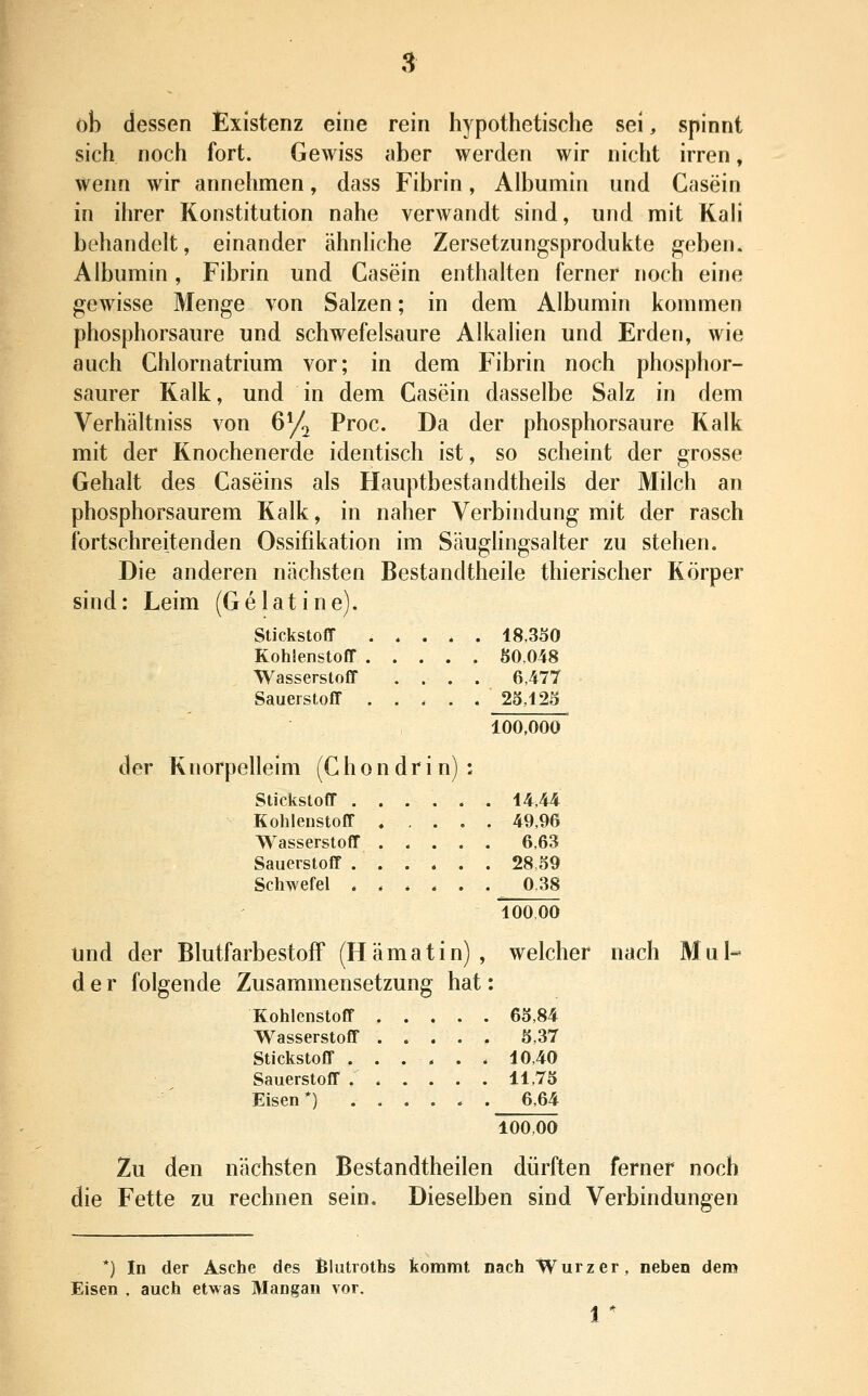 oh dessen Existenz eine rein hypothetische sei, spinnt sich noch fort. Gewiss aber werden wir nicht irren, wenn wir annehmen, dass Fibrin, Albumin und Casein in ihrer Konstitution nahe verwandt sind, und mit Kah behandelt, einander ähnhche Zersetzungsprodukte geben. Albumin, Fibrin und Casein enthalten ferner noch eine gewisse Menge von Salzen; in dem Albumin kommen phosphorsaure und schwefelsaure Alkalien und Erden, wie auch Chlornatrium vor; in dem Fibrin noch phosphor- saurer Kalk, und in dem Casein dasselbe Salz in dem Verhältniss von Gy^ Proc. Da der phosphorsaure Kalk mit der Knochenerde identisch ist, so scheint der grosse Gehalt des Caseins als Hauptbestandtheils der Milch an phosphorsaurem Kalk, in naher Verbindung mit der rasch fortschreitenden Ossifikation im Säughngsalter zu stehen. Die anderen nächsten Bestandtheile thierischer Körper sind: Leim (Gelatine). Stickstoff 18,3S0 Kohlenstoff S0,048 Wasserstoff .... 6,477 Sauerstoff ..... 23,125 100,000 der Knorpelleim (Chondrin): Stickstoff ...... 14,44 Kohlenstoff ..... 49,96 Wasserstoff 6,63 Sauerstoff 28,59 Schwefel 0.38 100.00 und der BlutfarbestofF (Hämatin), welcher nach Mul- der folgende Zusammensetzung hat: Kohlenstoff 65,84 Wasserstoff 5,37 Stickstoff ...... 10,40 Sauerstoff 11,75 Eisen*) ..... 6,64 100,00 Zu den nächsten Bestandtheilen dürften ferner noch die Fette zu rechnen sein. Dieselben sind Verbindungen *) In der Asche des Blutroths kommt nach Würz er, neben dem Eisen . auch etwas Mangan vor. 1 *